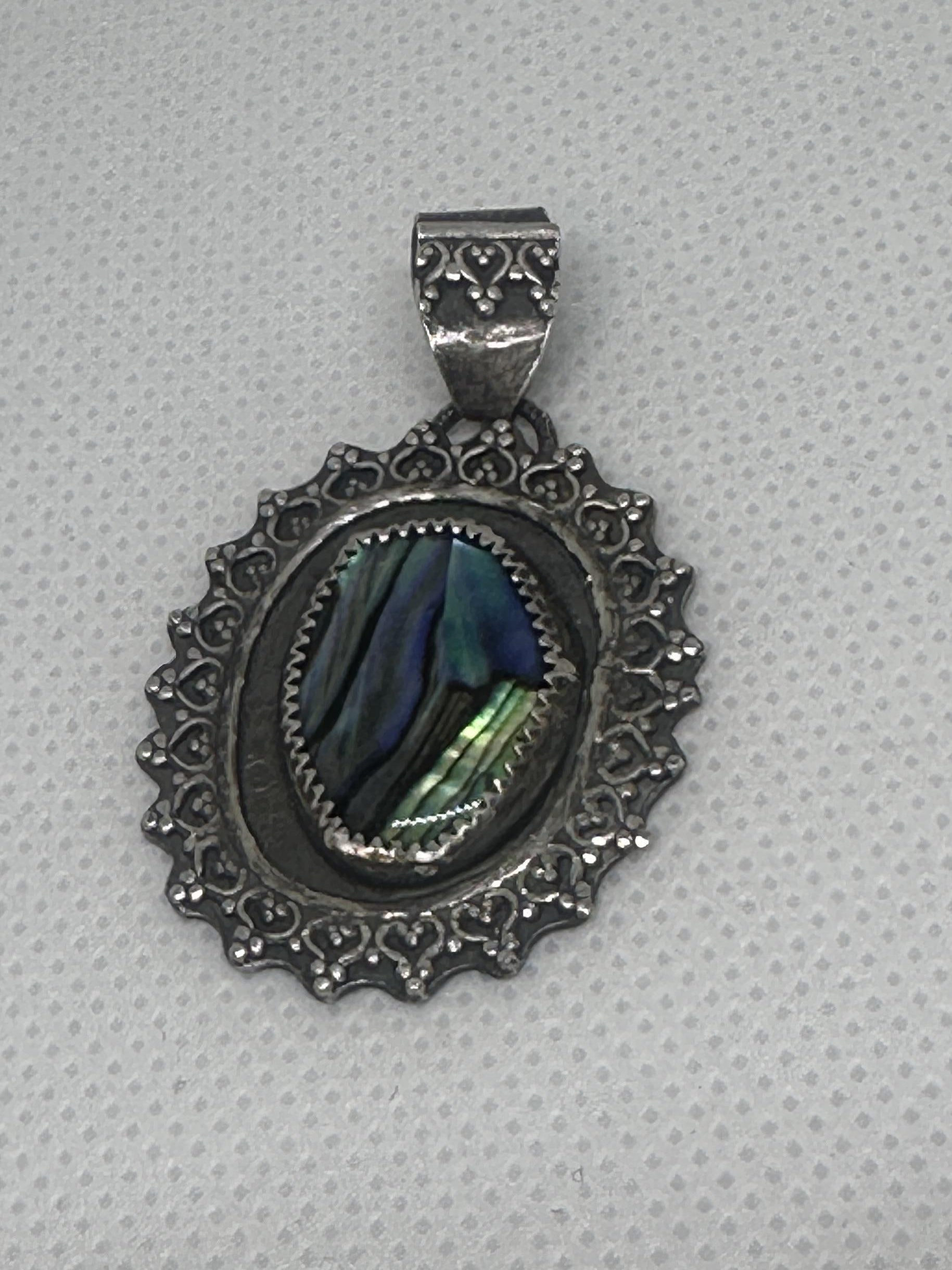 Abalone Shell Oval Flower Pendant in Antiqued Sterling Silver (925) One-of-a-kind artisan piece - for wisdom and healing