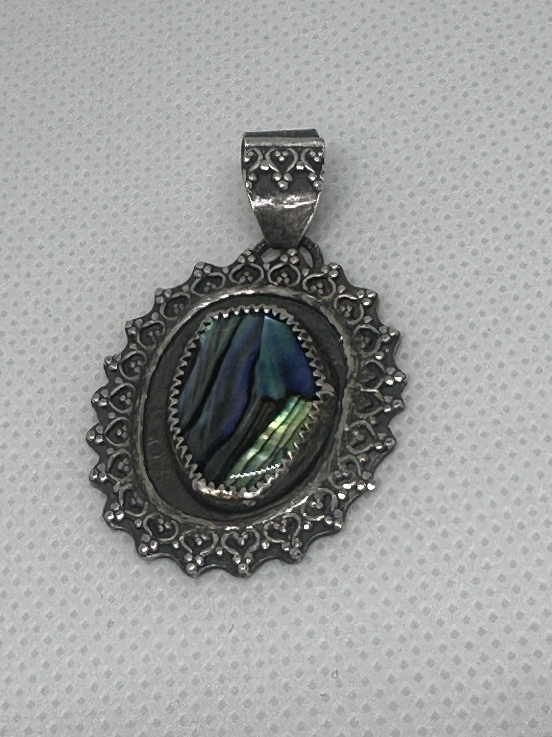 Abalone Shell Oval Flower Pendant in Antiqued Sterling Silver (925) One-of-a-kind artisan piece - for wisdom and healing