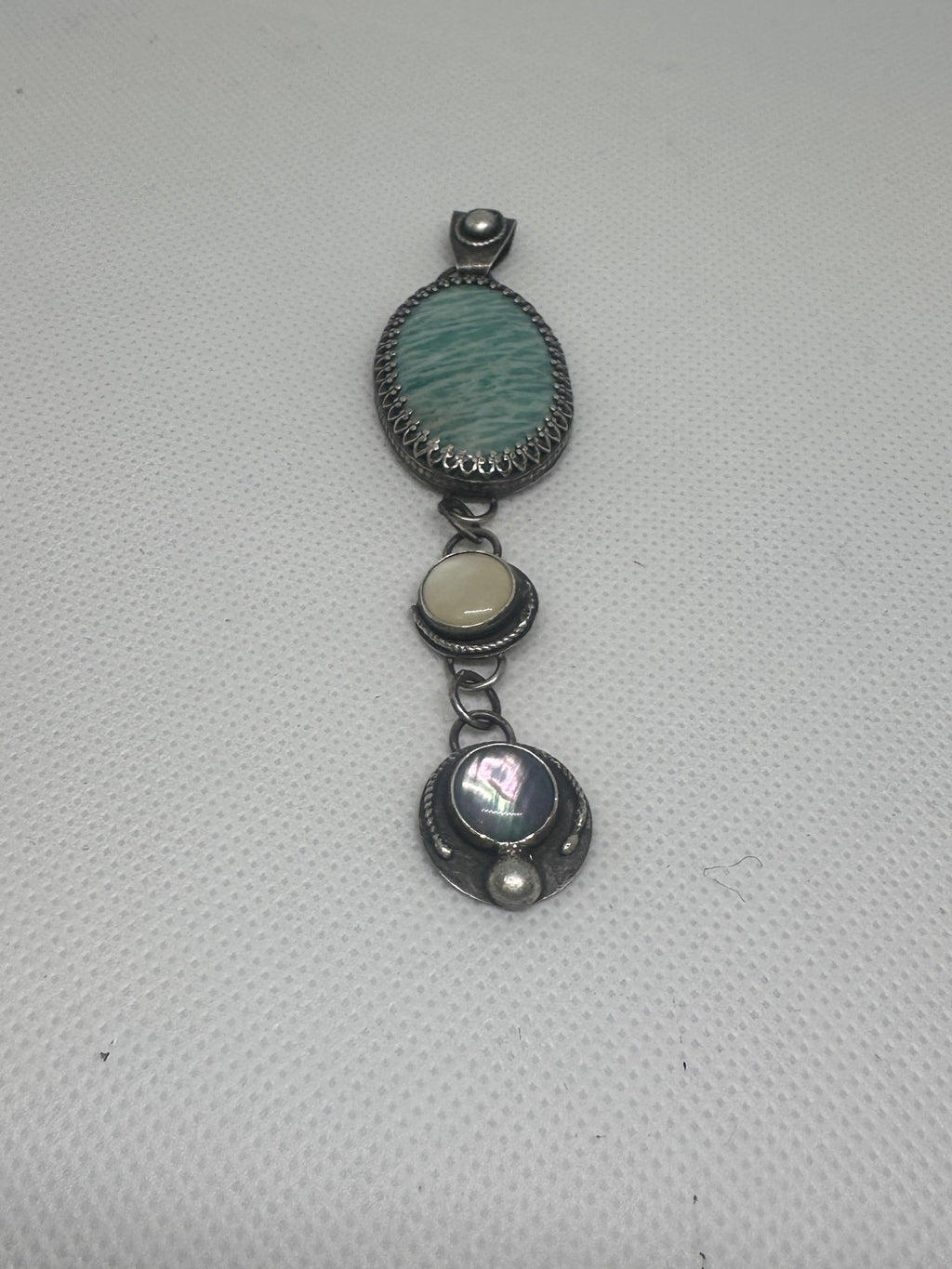 Amazonite & Abalone Oxidized Sterling & Fine Silver Artisan Dangle Pendant (One-of-a-kind) for truth, courage and healing.