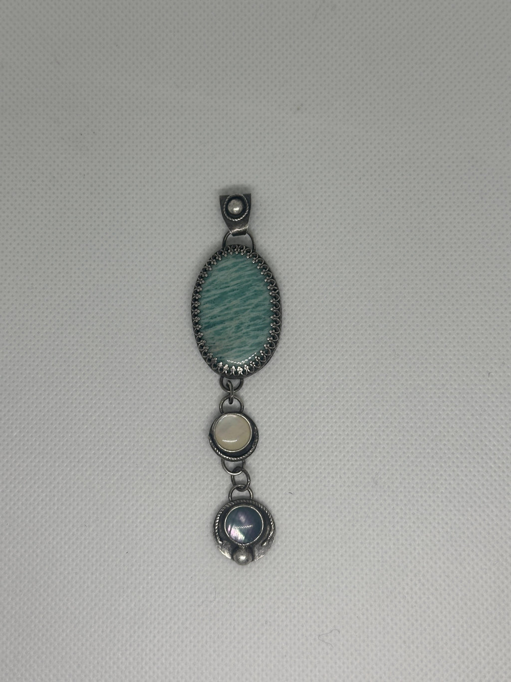 Amazonite & Abalone Oxidized Sterling & Fine Silver Artisan Dangle Pendant (One-of-a-kind) for truth, courage and healing.