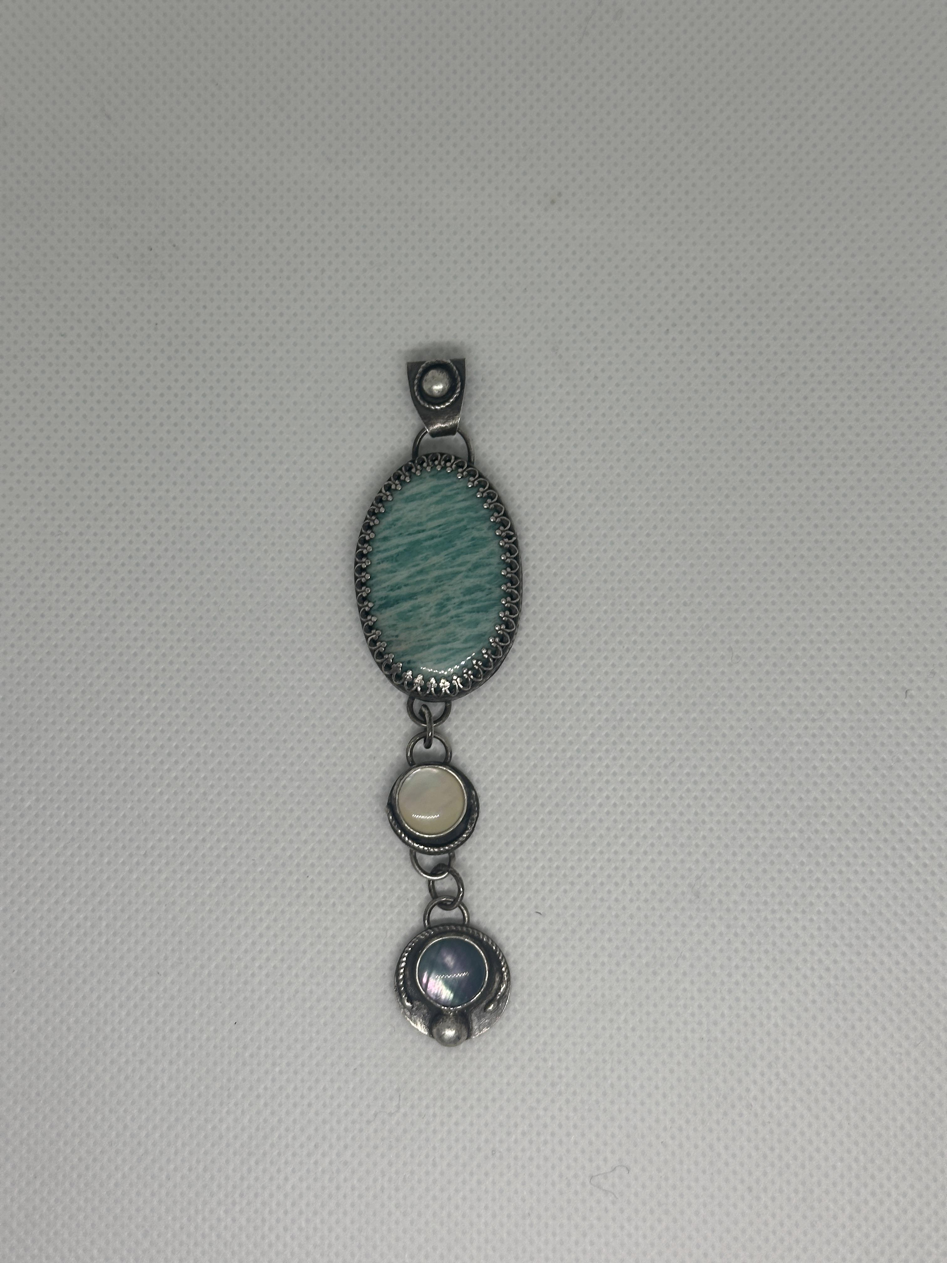 Amazonite & Abalone Oxidized Sterling & Fine Silver Artisan Dangle Pendant (One-of-a-kind) for truth, courage and healing.