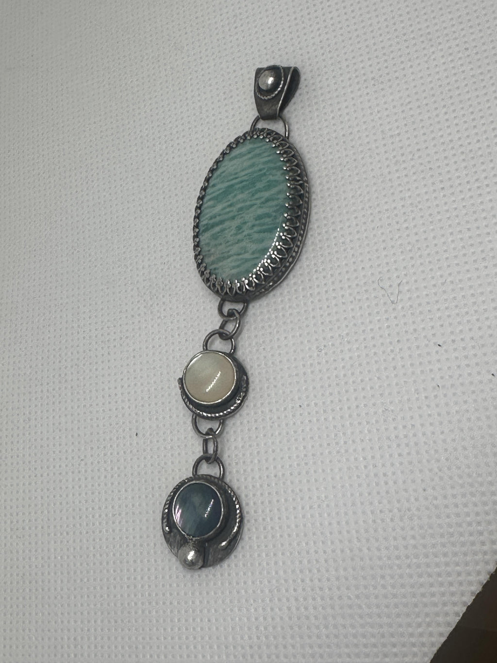 Amazonite & Abalone Oxidized Sterling & Fine Silver Artisan Dangle Pendant (One-of-a-kind) for truth, courage and healing.