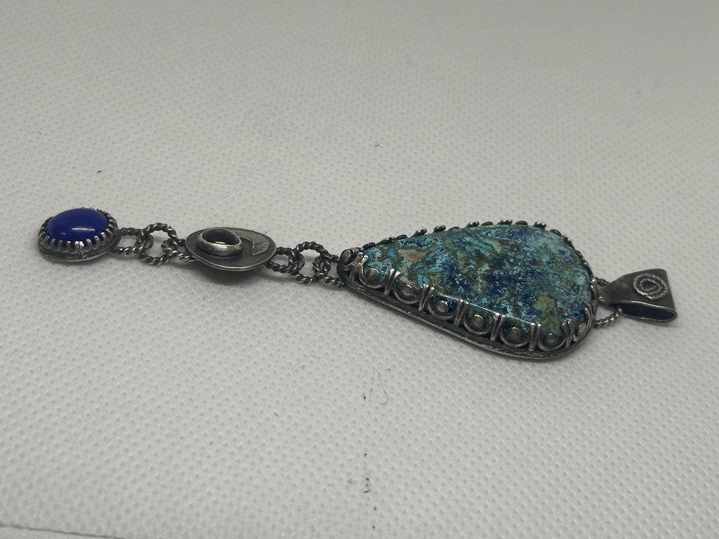 Shattuckite, Golden Citrine & Lapis Lazuli Sterling & Fine Silver Antiqued Artisan Dangle Pendant for intuition, abundance and clarity