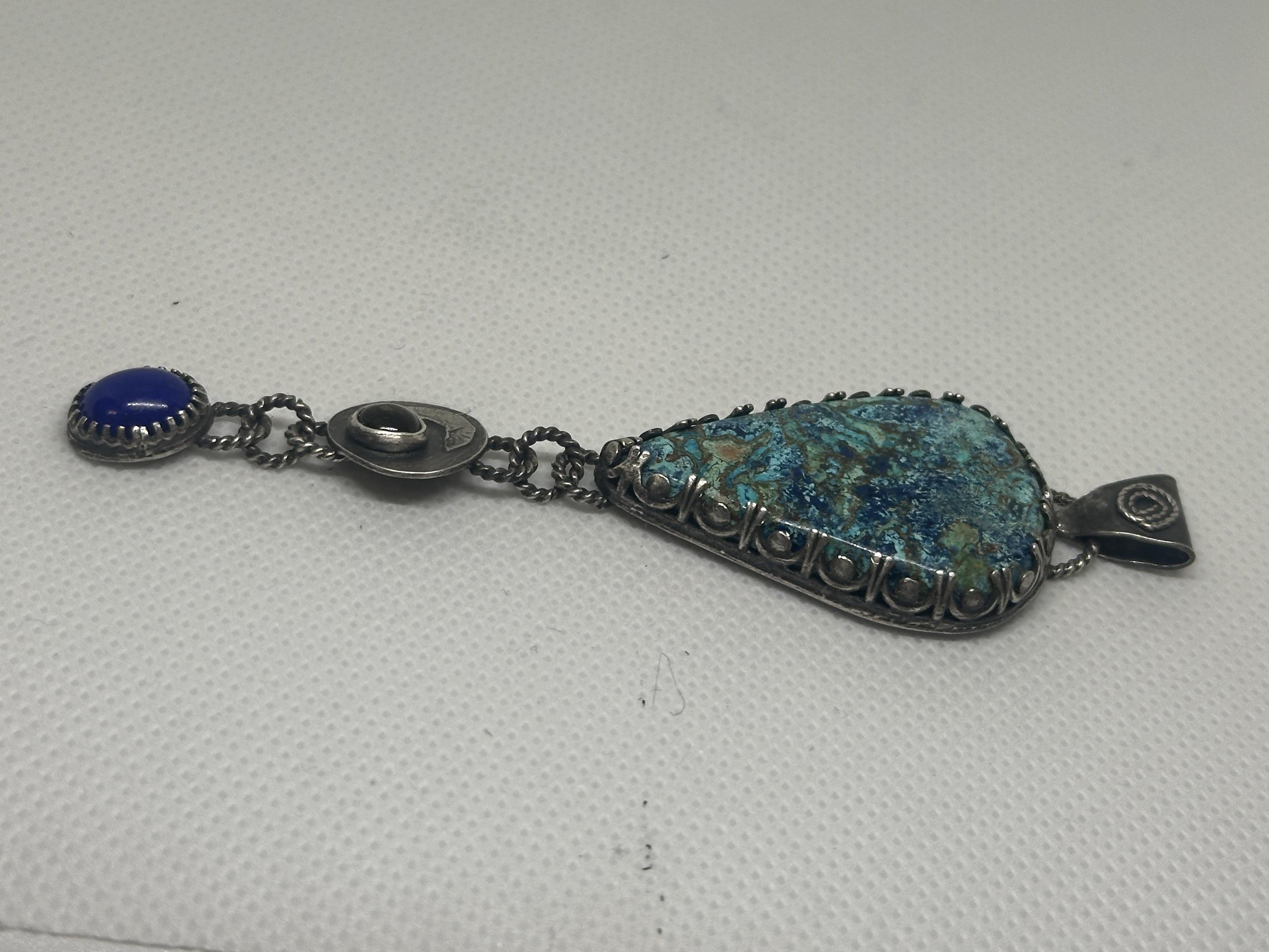 Shattuckite, Golden Citrine & Lapis Lazuli Sterling & Fine Silver Antiqued Artisan Dangle Pendant for intuition, abundance and clarity
