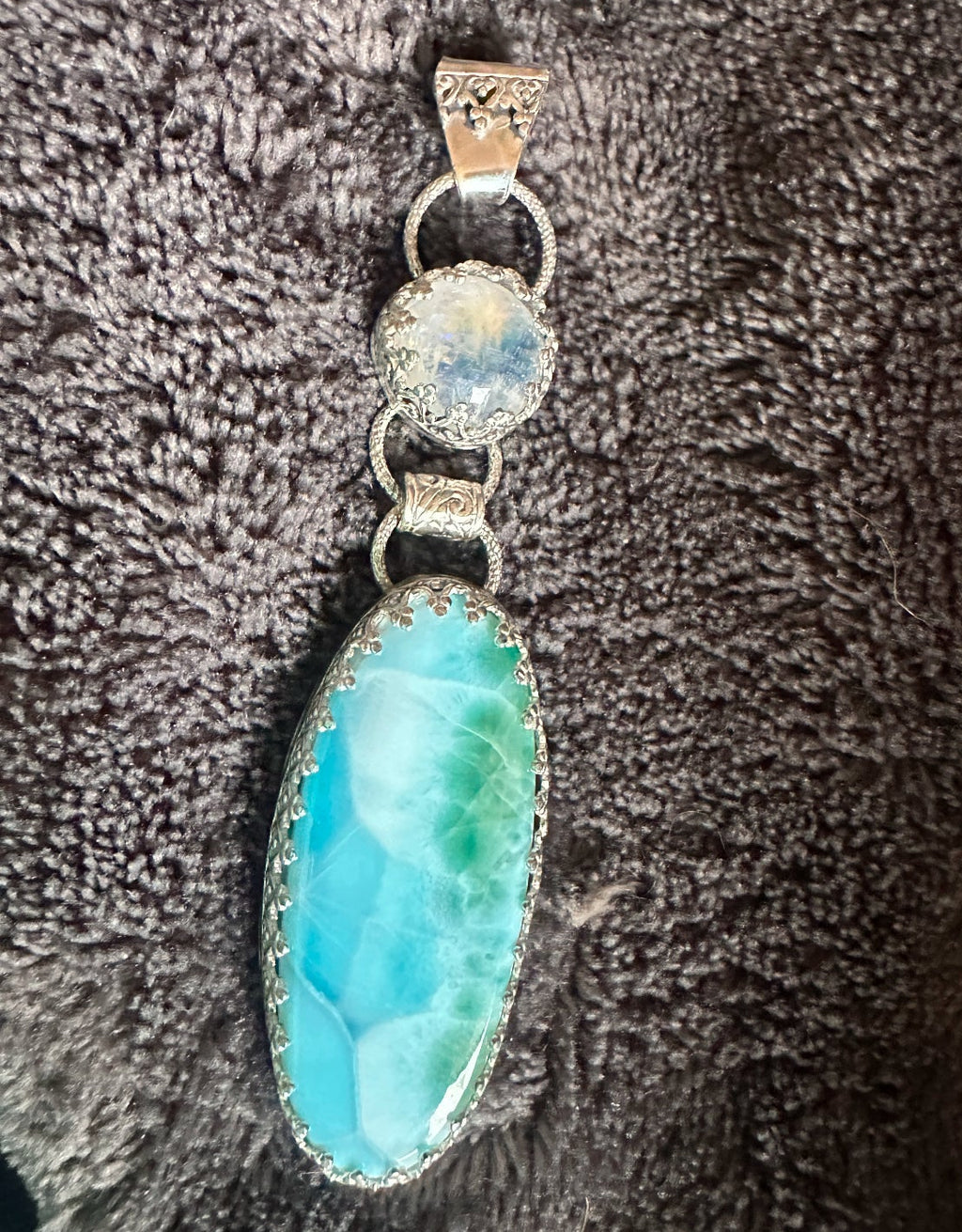 Larimar and Rainbow Moonstone Dangle Pendant in Sterling and Fine Silver, for Calm, Clarity and Emotional Ease