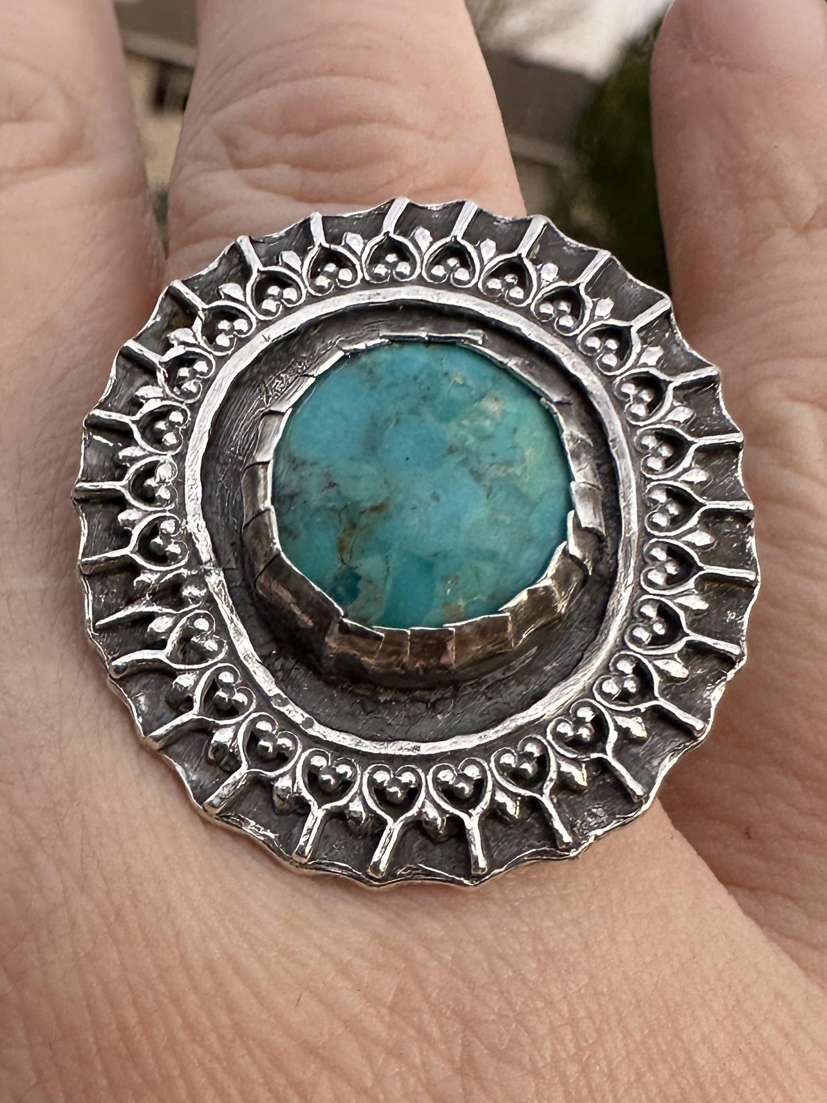 Mohave Turquoise Statement Ring with Tri Split Band in Sterling & Fine Silver - Size 8.5 - One of a Kind - for Protection and Alignment