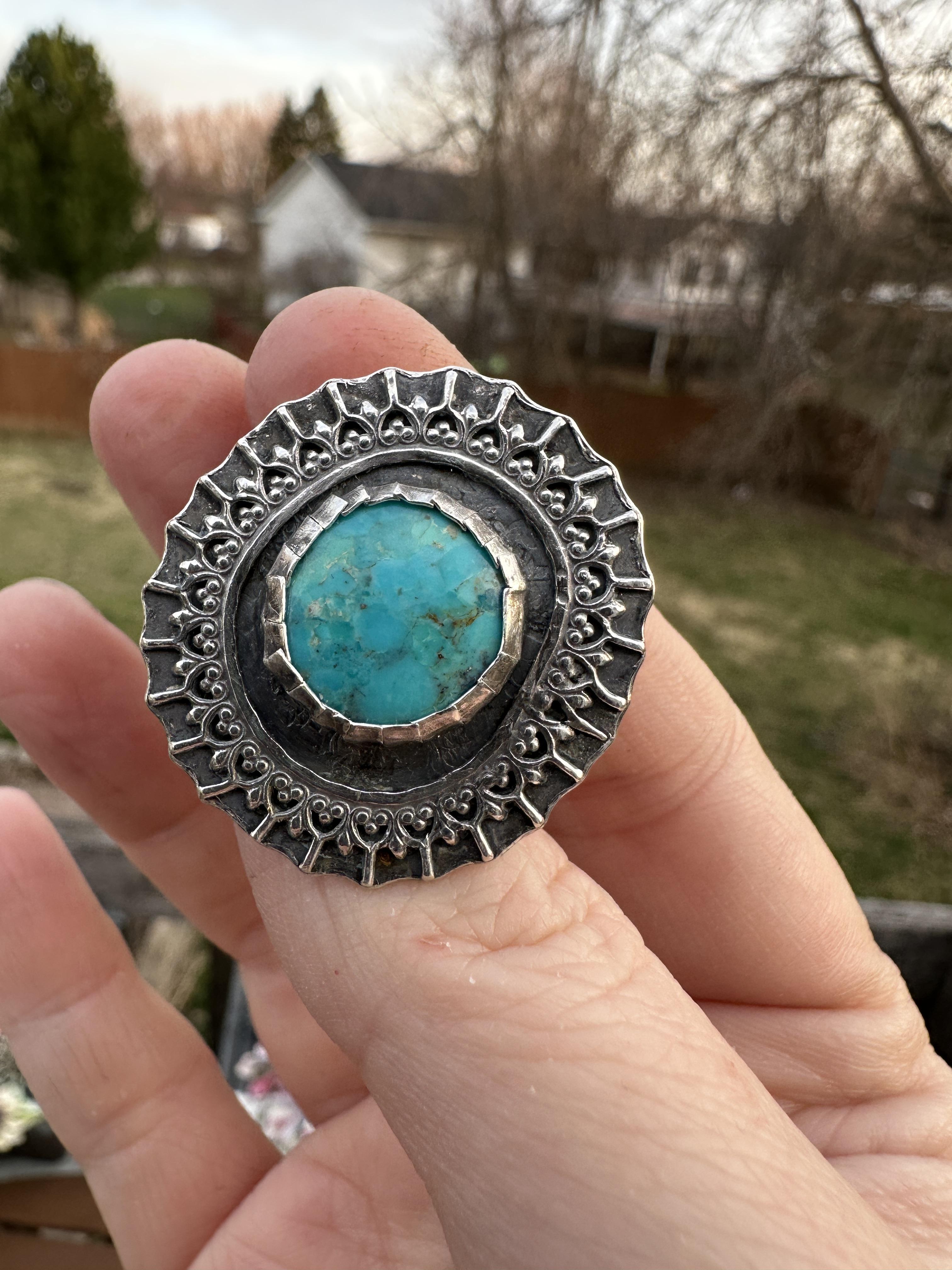 Mohave Turquoise Statement Ring with Tri Split Band in Sterling & Fine Silver - Size 8.5 - One of a Kind - for Protection and Alignment