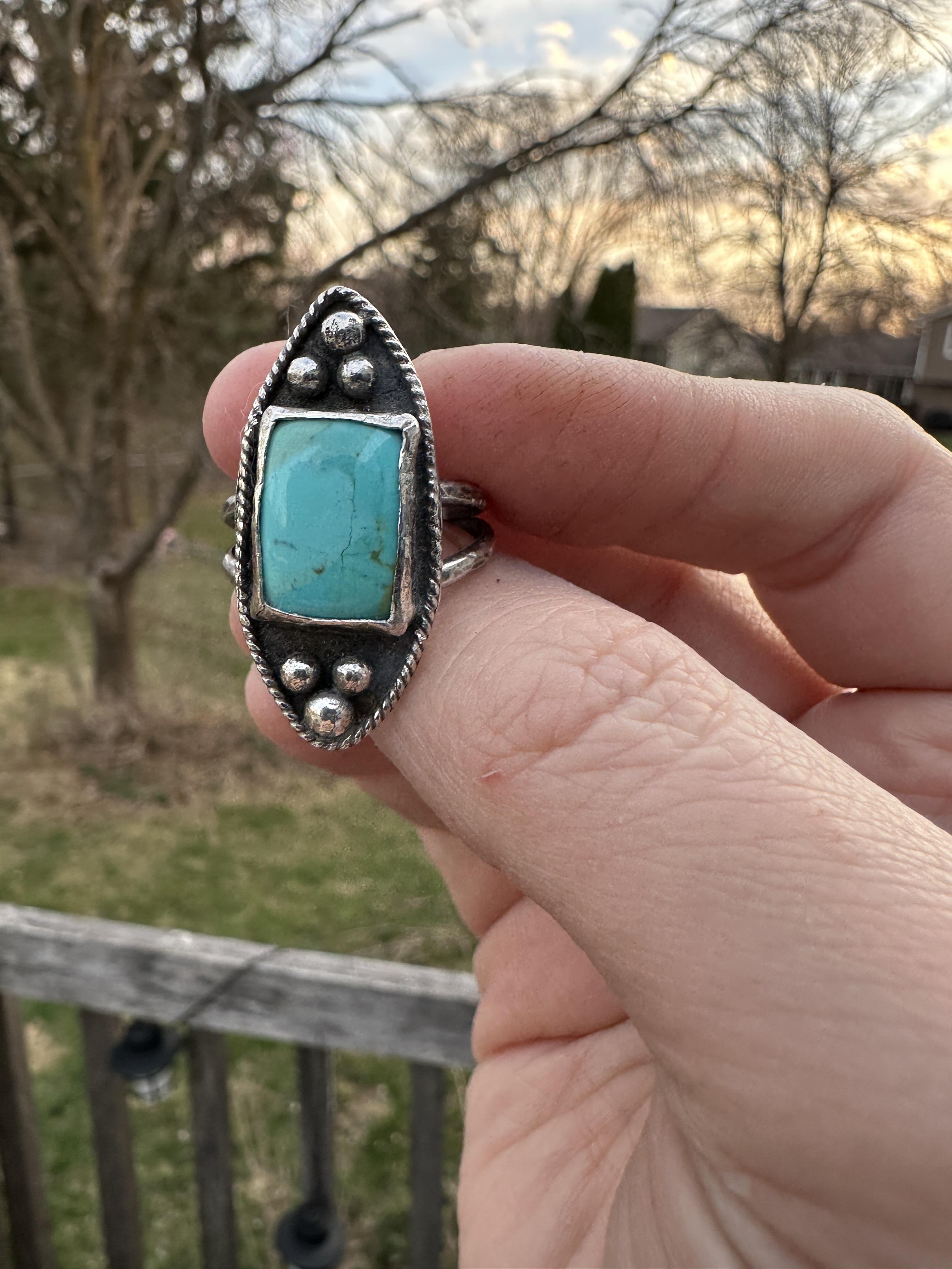 Mohave Turquoise & Sterling Silver Artisan Statement Ring, Size 8.5 for protection, healing and intuition