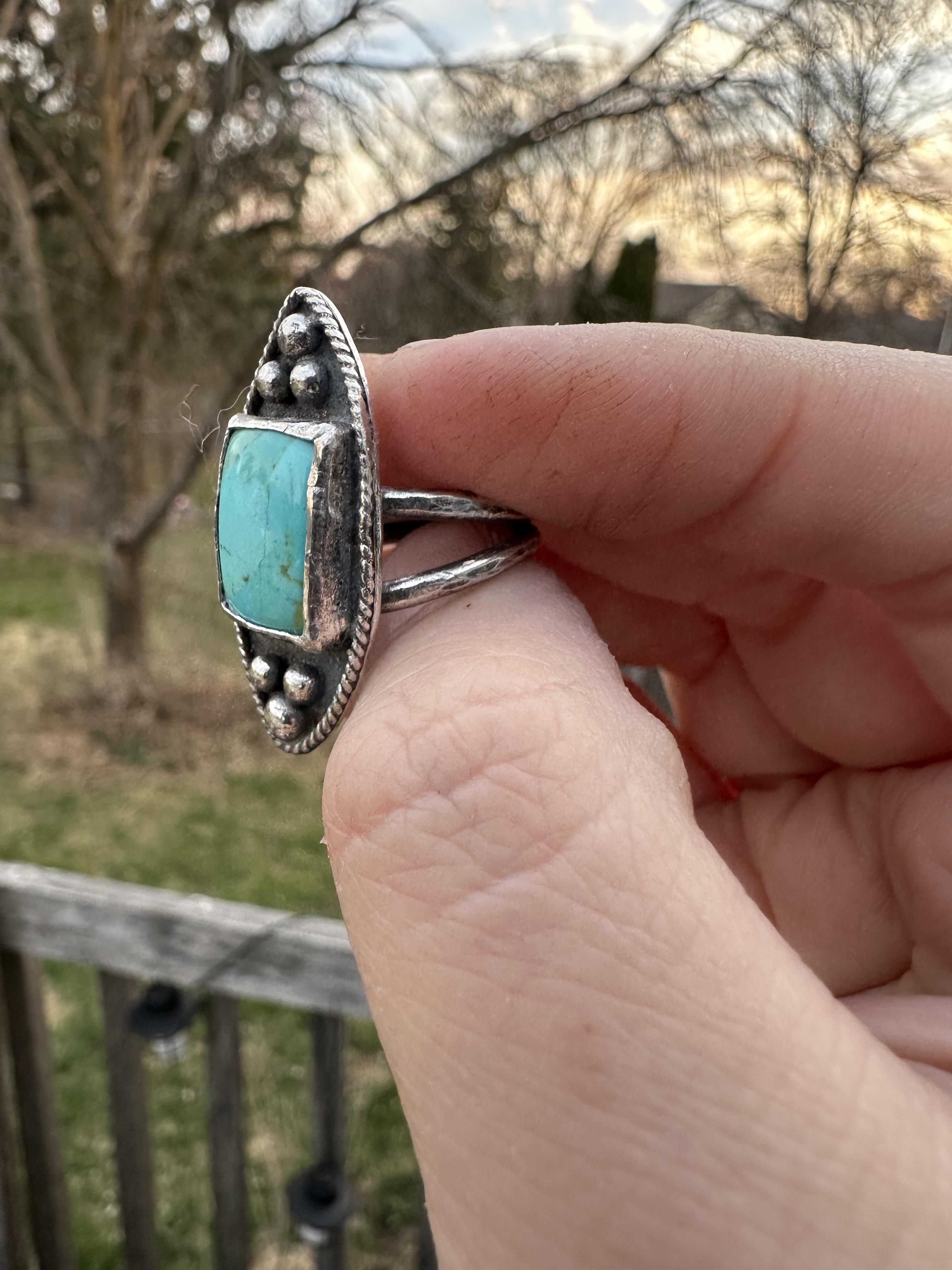 Mohave Turquoise & Sterling Silver Artisan Statement Ring, Size 8.5 for protection, healing and intuition