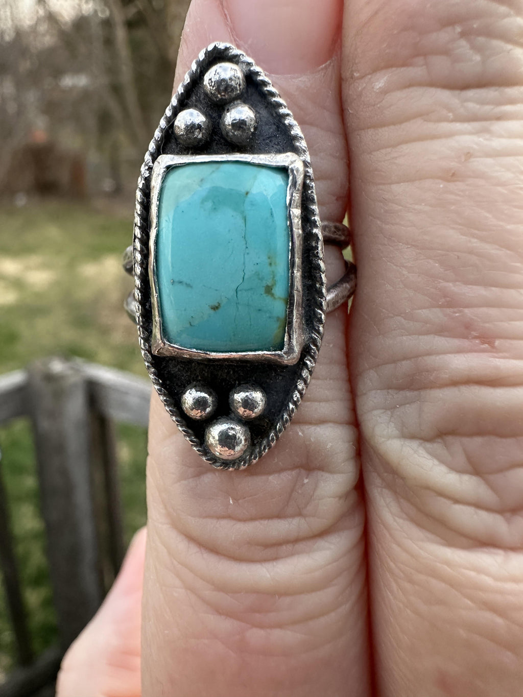 Mohave Turquoise & Sterling Silver Artisan Statement Ring, Size 8.5 for protection, healing and intuition