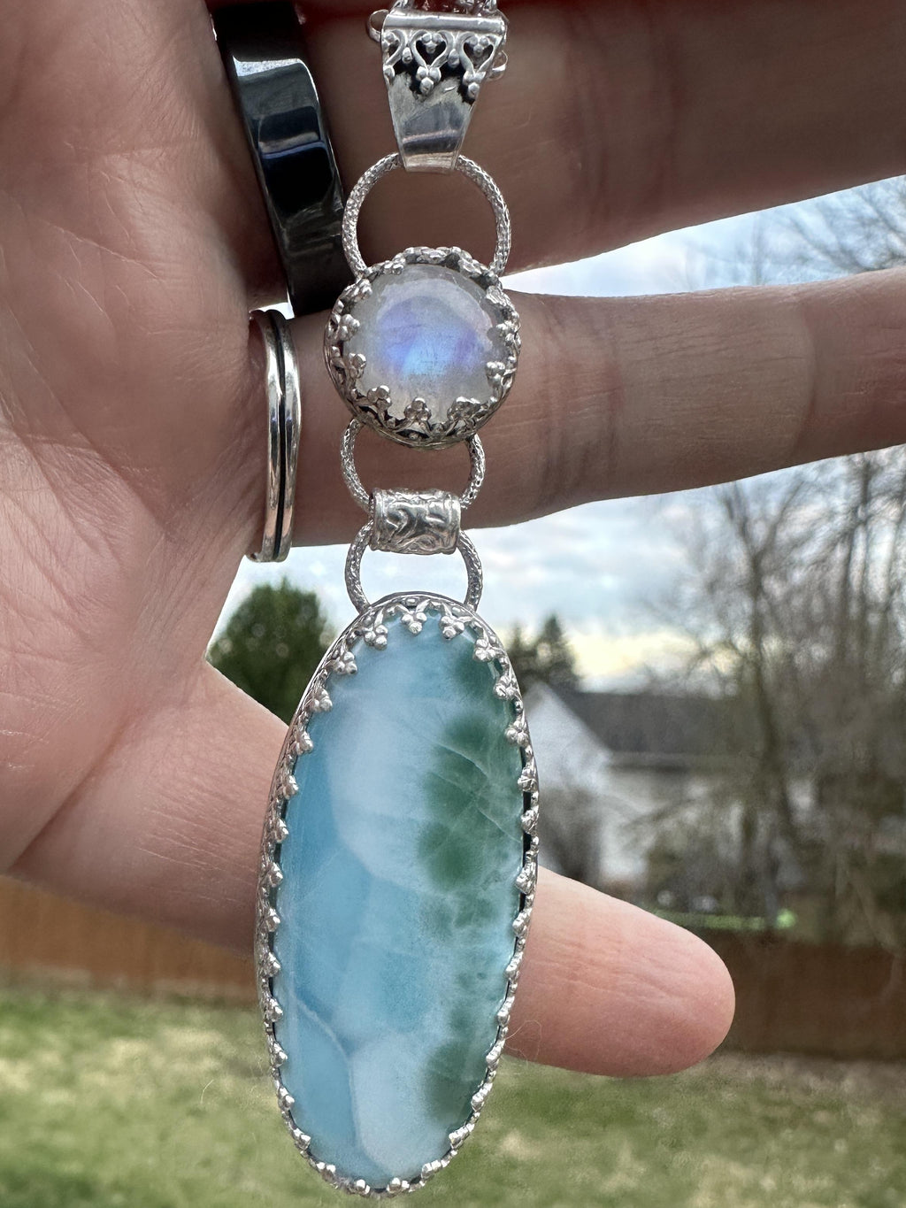 Larimar and Rainbow Moonstone Dangle Pendant in Sterling and Fine Silver, for Calm, Clarity and Emotional Ease