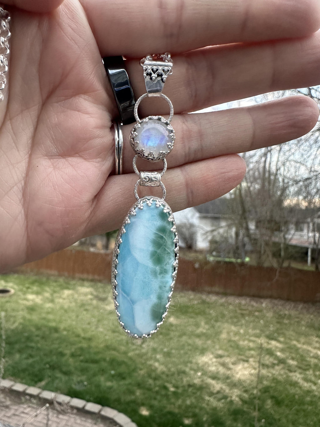 Larimar and Rainbow Moonstone Dangle Pendant in Sterling and Fine Silver, for Calm, Clarity and Emotional Ease