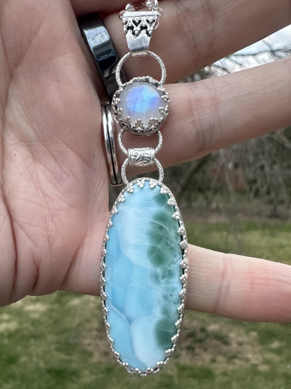 Larimar and Rainbow Moonstone Dangle Pendant in Sterling and Fine Silver, for Calm, Clarity and Emotional Ease