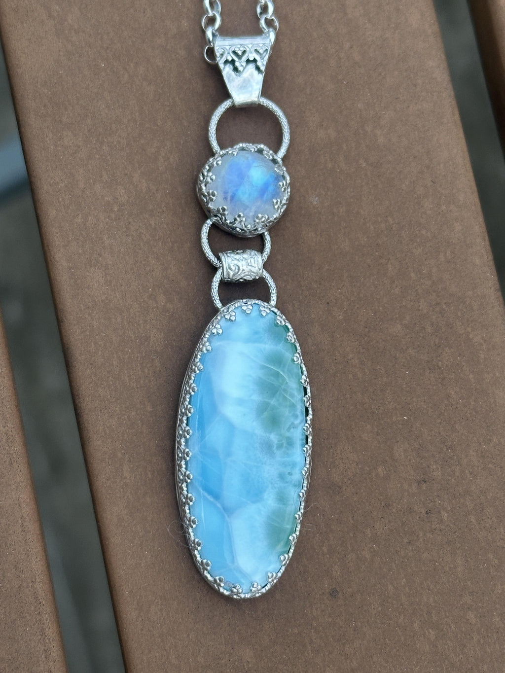 Larimar and Rainbow Moonstone Dangle Pendant in Sterling and Fine Silver, for Calm, Clarity and Emotional Ease