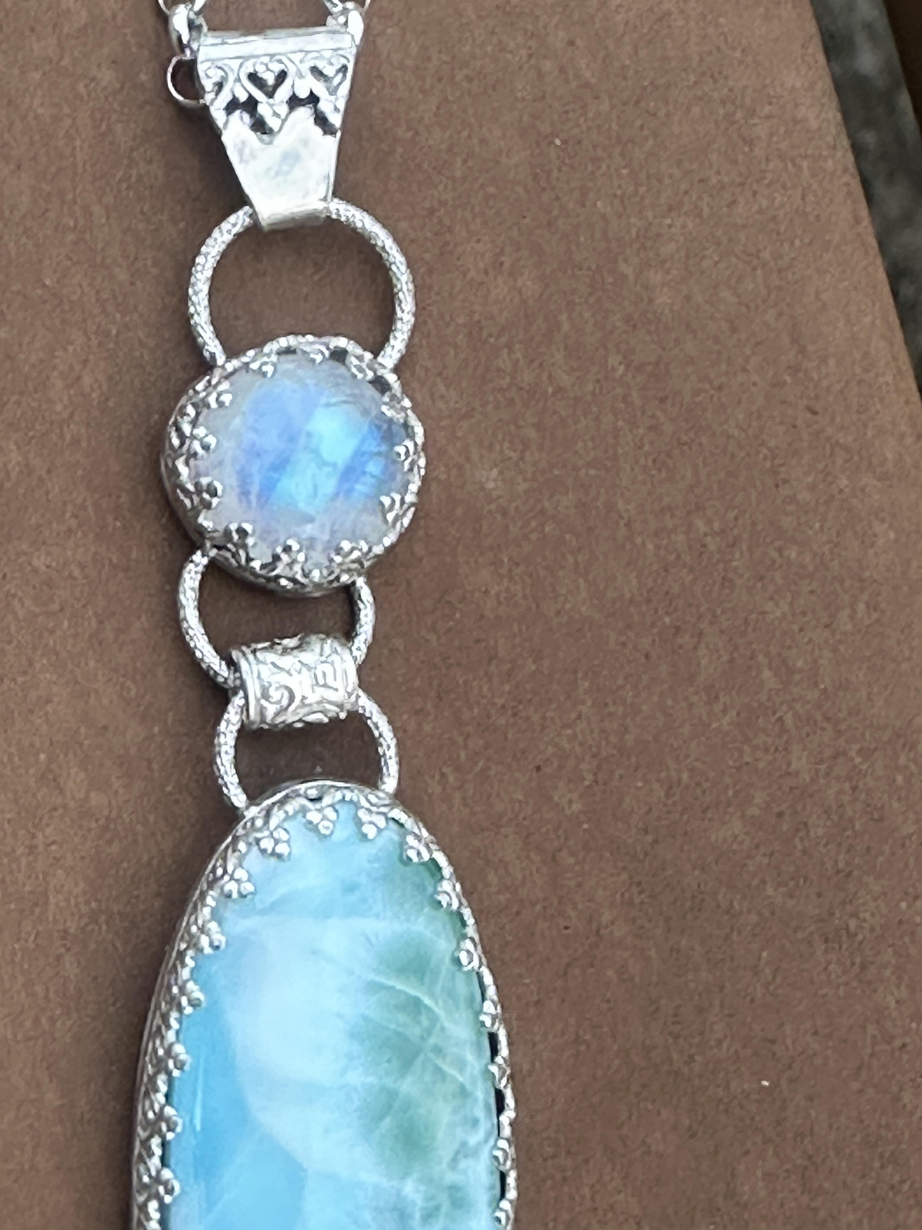 Larimar and Rainbow Moonstone Dangle Pendant in Sterling and Fine Silver, for Calm, Clarity and Emotional Ease