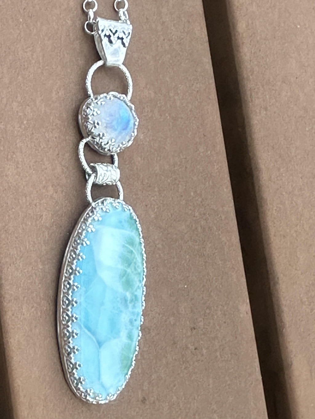 Larimar and Rainbow Moonstone Dangle Pendant in Sterling and Fine Silver, for Calm, Clarity and Emotional Ease
