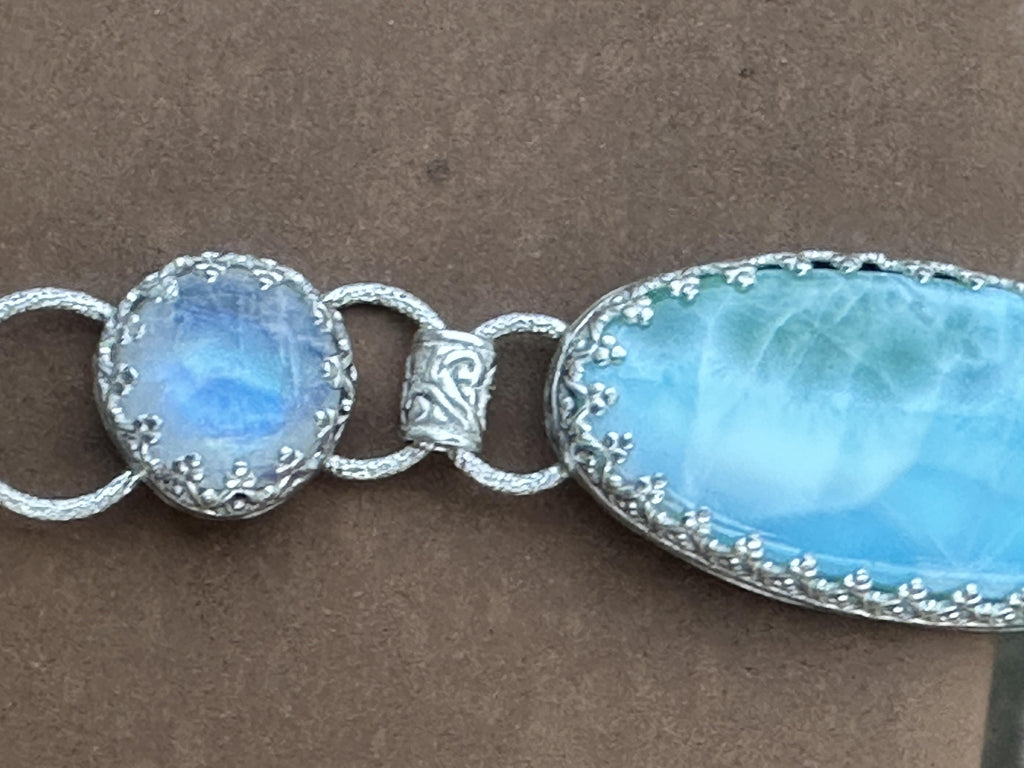 Larimar and Rainbow Moonstone Dangle Pendant in Sterling and Fine Silver, for Calm, Clarity and Emotional Ease