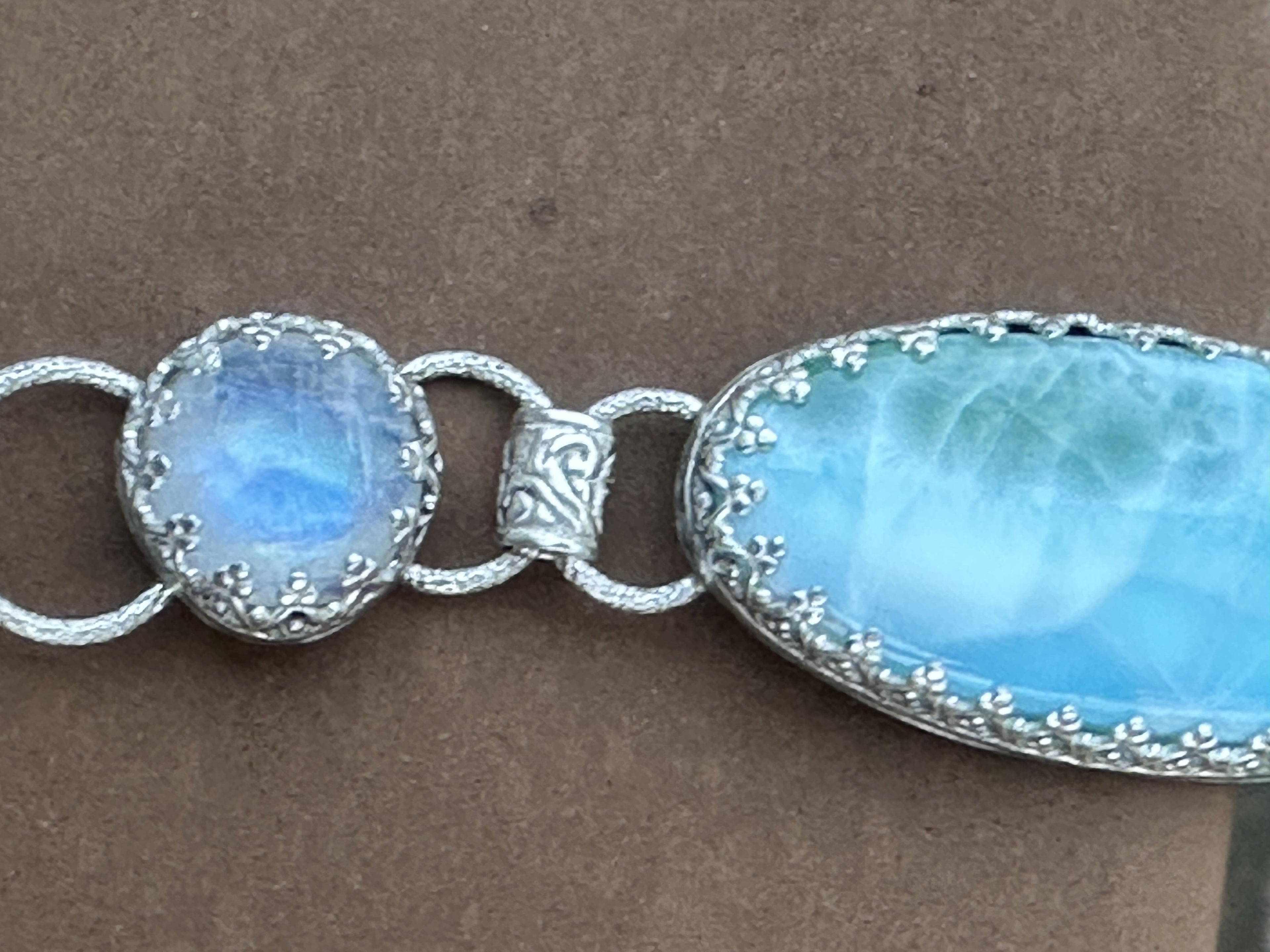 Larimar and Rainbow Moonstone Dangle Pendant in Sterling and Fine Silver, for Calm, Clarity and Emotional Ease