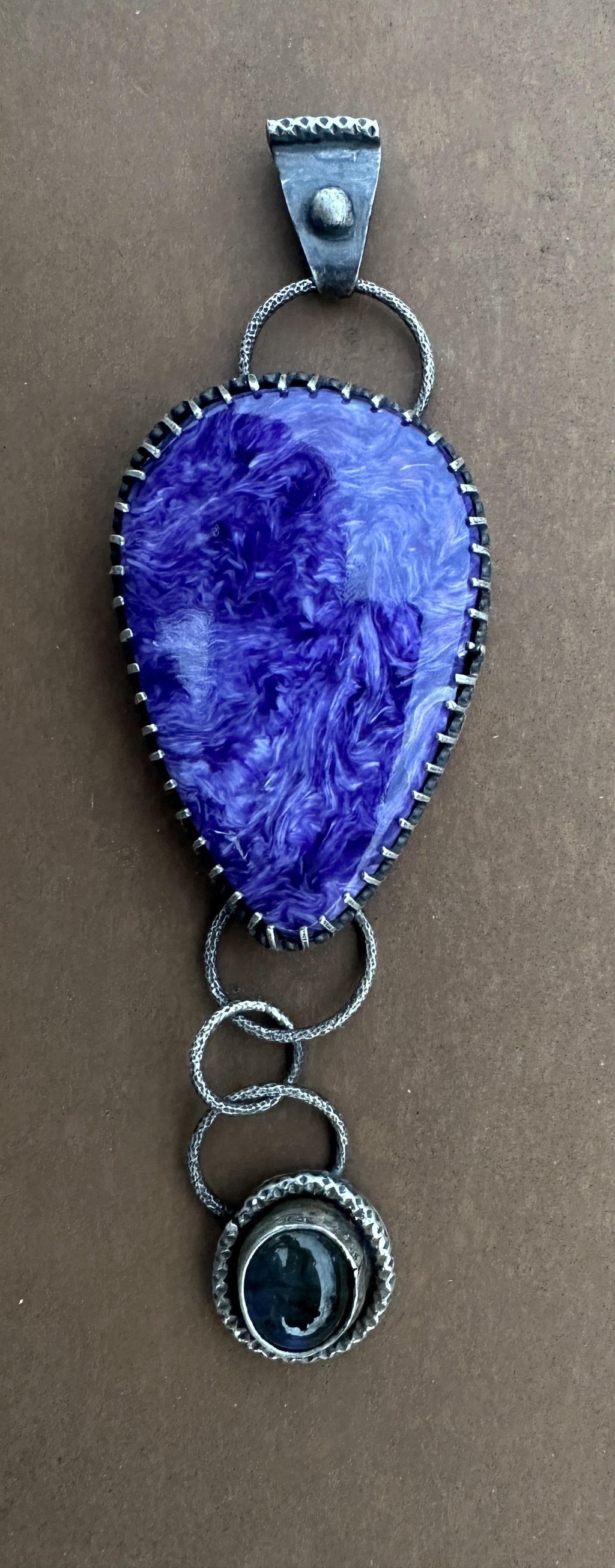 Charoite and Labradorite Sterling & Fine Silver Dangle Artisan Statement Pendant - One-of-a-kind for courage and intuition.
