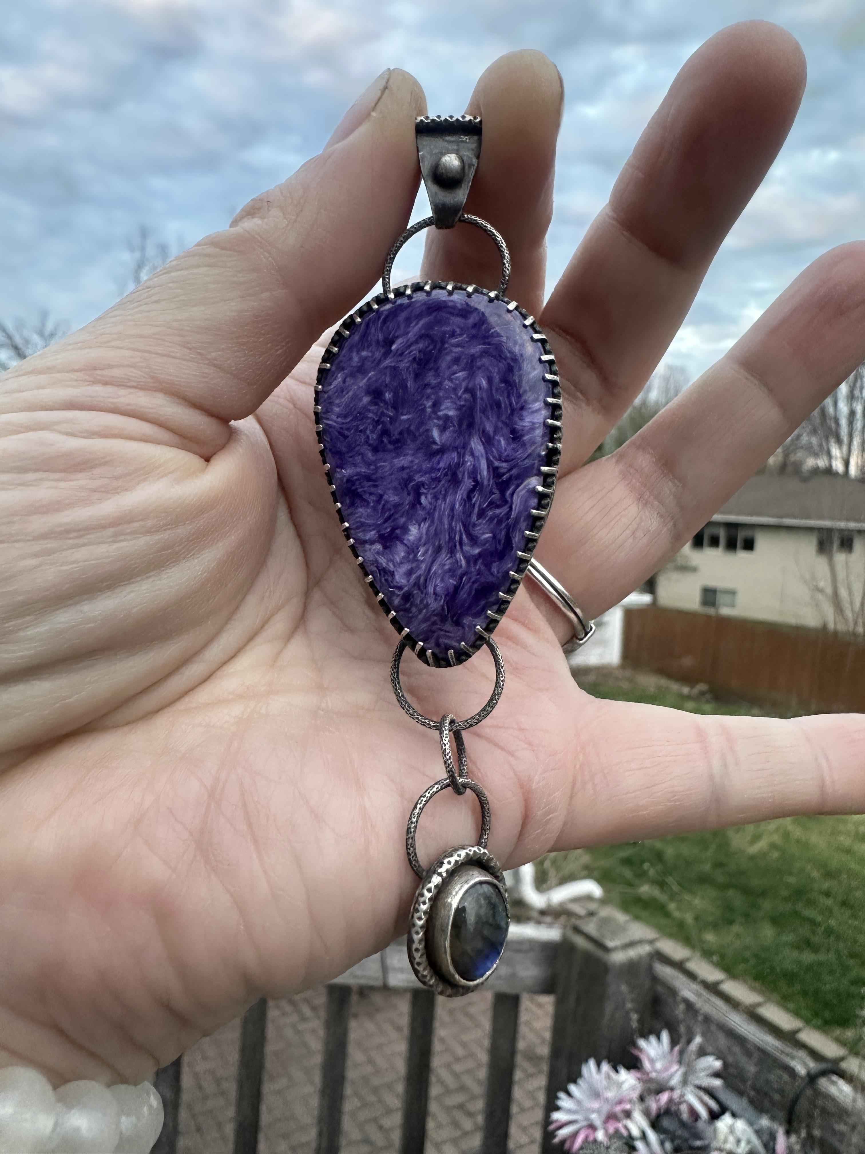 Charoite and Labradorite Sterling & Fine Silver Dangle Artisan Statement Pendant - One-of-a-kind for courage and intuition.