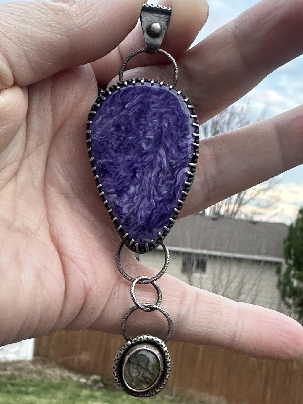 Charoite and Labradorite Sterling & Fine Silver Dangle Artisan Statement Pendant - One-of-a-kind for courage and intuition.