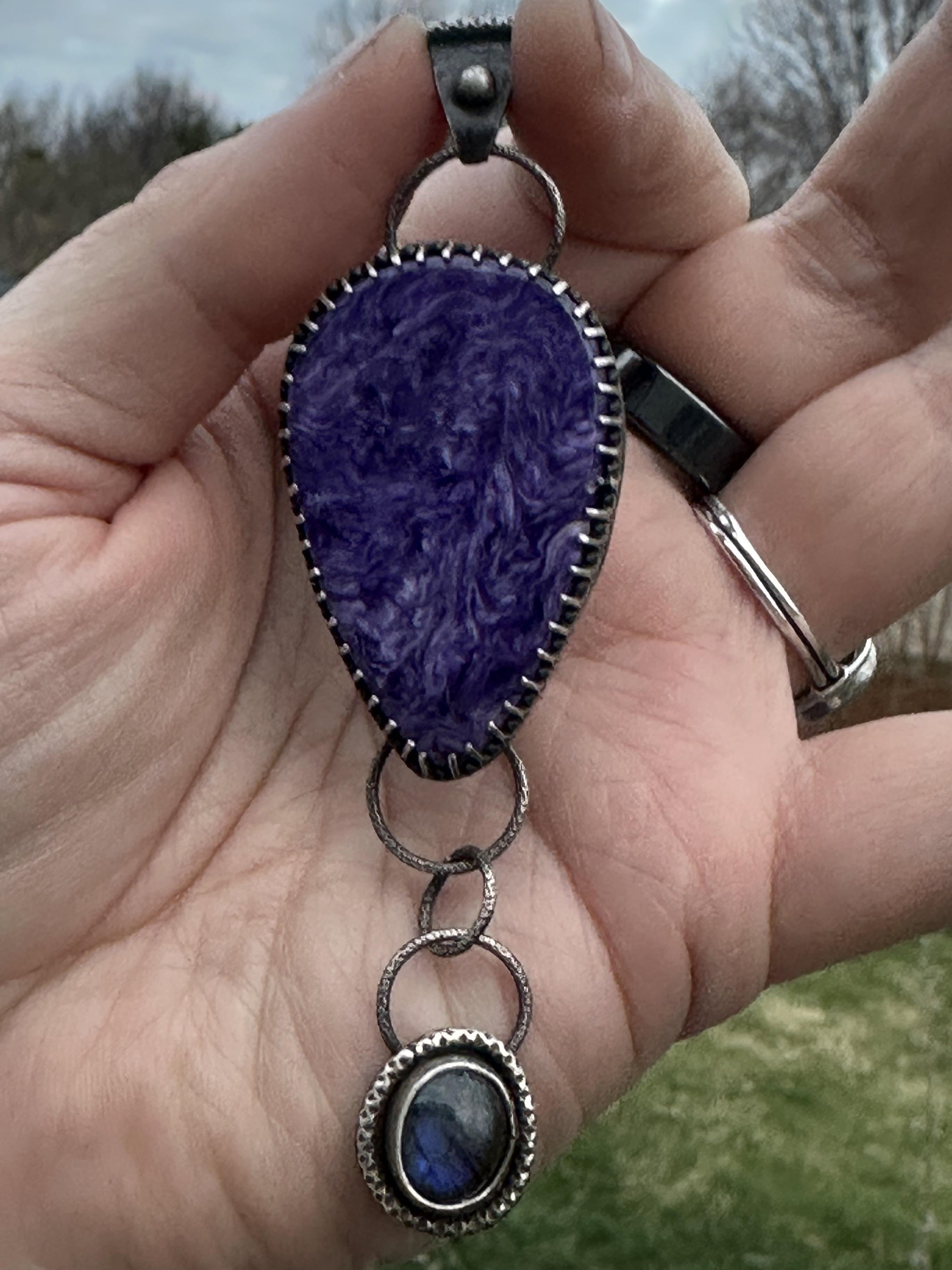 Charoite and Labradorite Sterling & Fine Silver Dangle Artisan Statement Pendant - One-of-a-kind for courage and intuition.