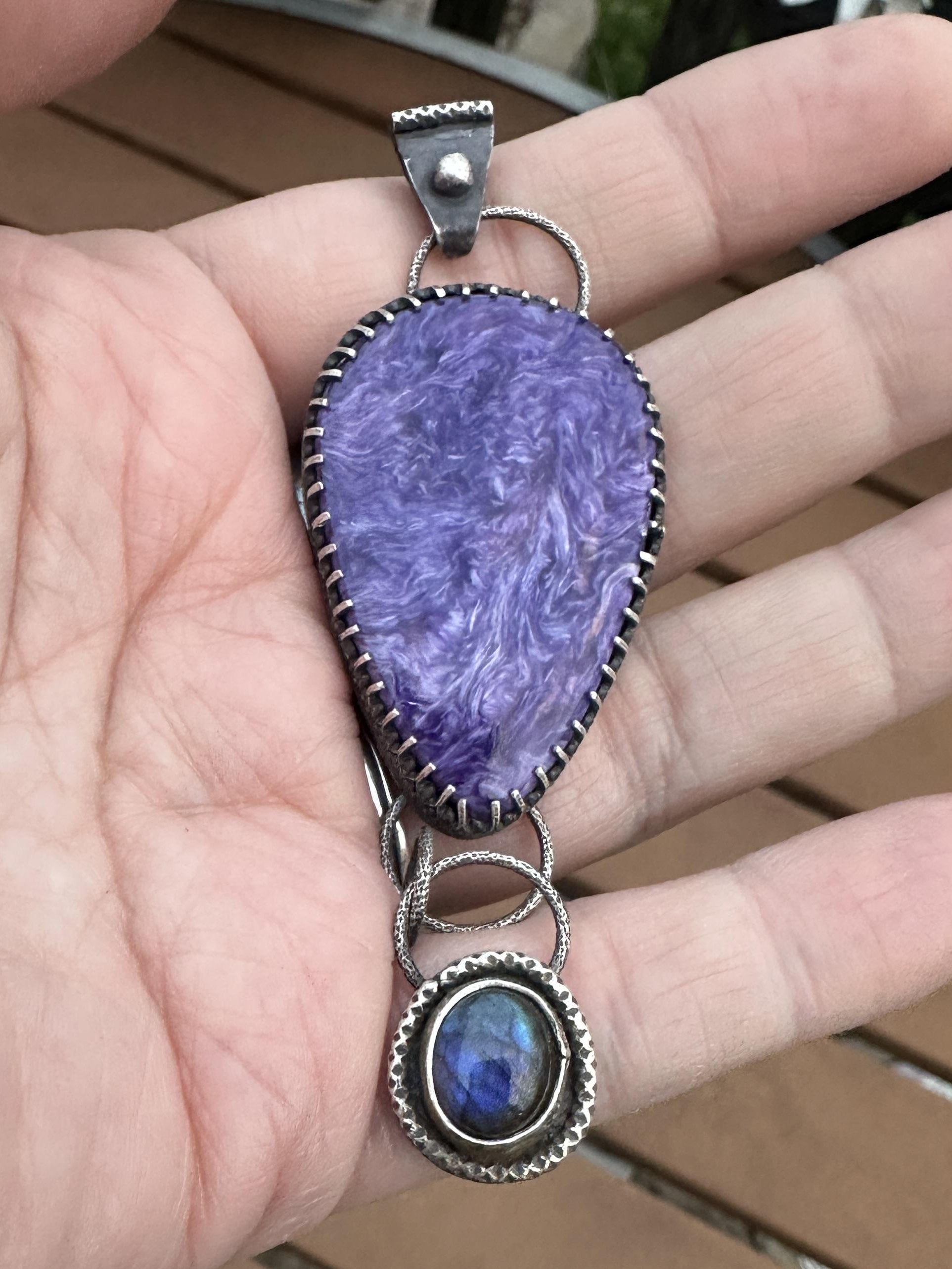 Charoite and Labradorite Sterling & Fine Silver Dangle Artisan Statement Pendant - One-of-a-kind for courage and intuition.