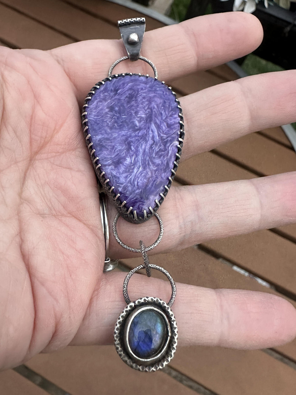 Charoite and Labradorite Sterling & Fine Silver Dangle Artisan Statement Pendant - One-of-a-kind for courage and intuition.