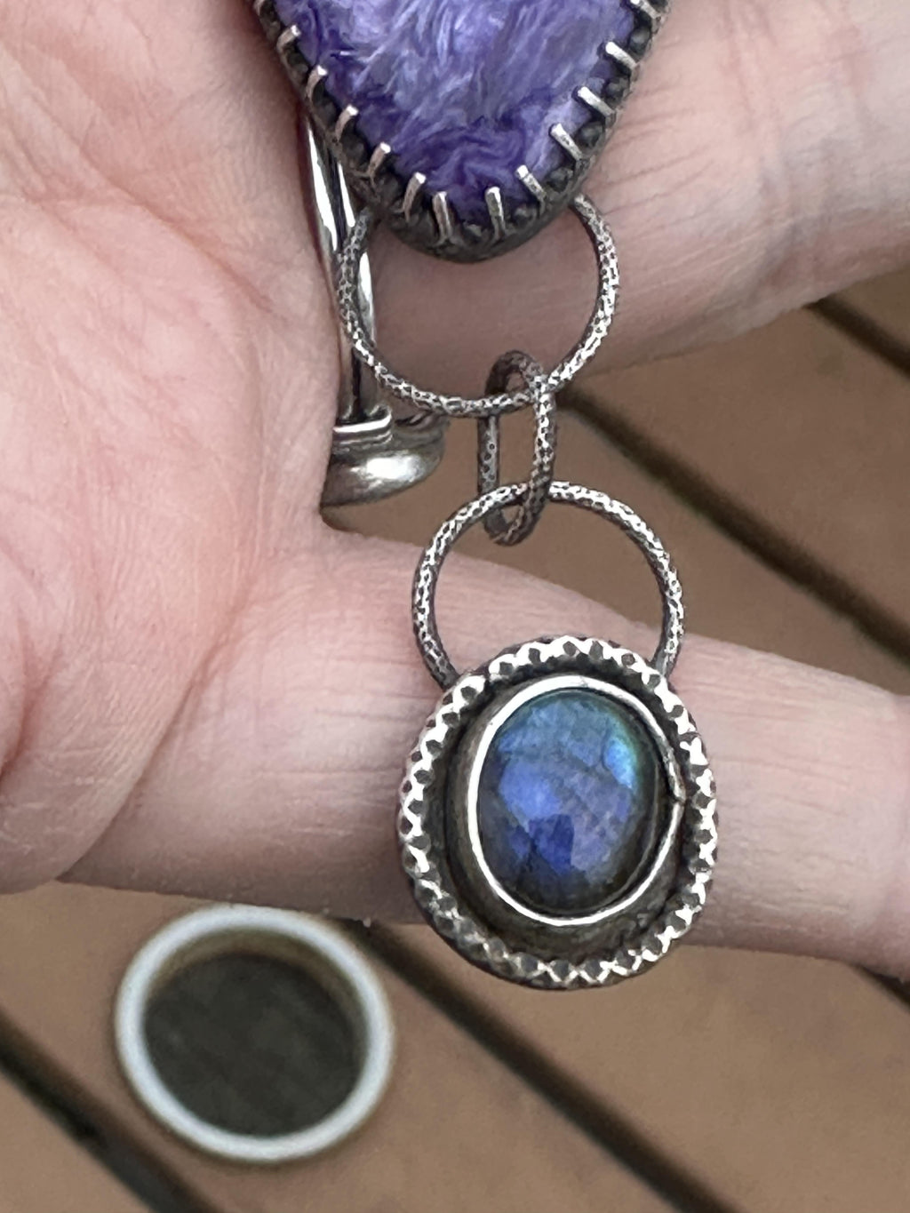 Charoite and Labradorite Sterling & Fine Silver Dangle Artisan Statement Pendant - One-of-a-kind for courage and intuition.