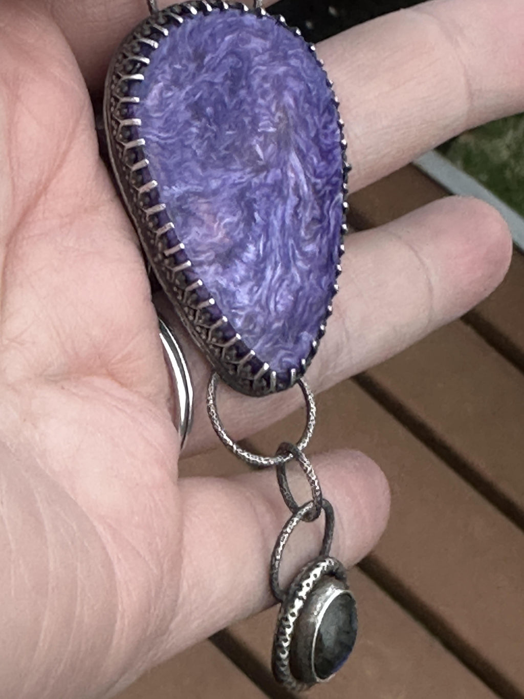 Charoite and Labradorite Sterling & Fine Silver Dangle Artisan Statement Pendant - One-of-a-kind for courage and intuition.