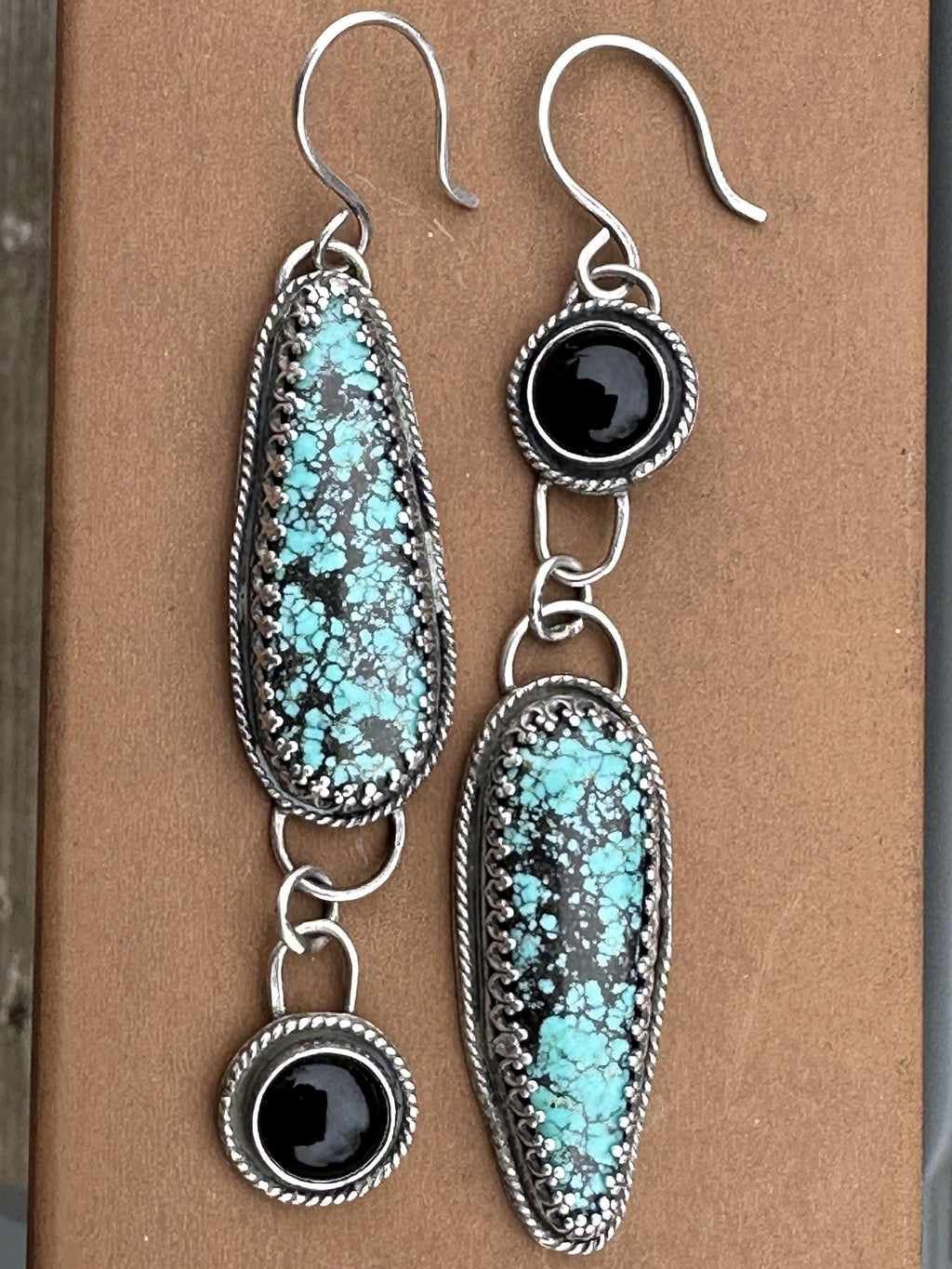 Blackjack Turquoise & Black Onyx Antiqued Sterling Silver Dangle Earrings | One of a Kind Handmade Earrings | Turquoise Jewelry | Statement Earrings | for Protection, Strength & Clarity