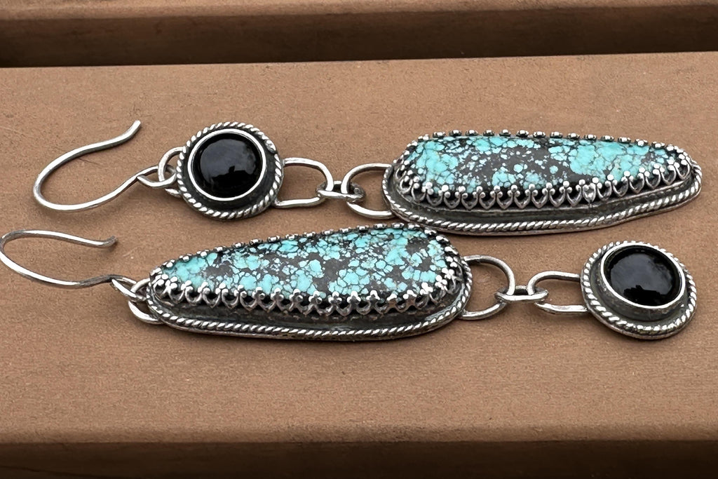 Blackjack Turquoise & Black Onyx Antiqued Sterling Silver Dangle Earrings | One of a Kind Handmade Earrings | Turquoise Jewelry | Statement Earrings | for Protection, Strength & Clarity