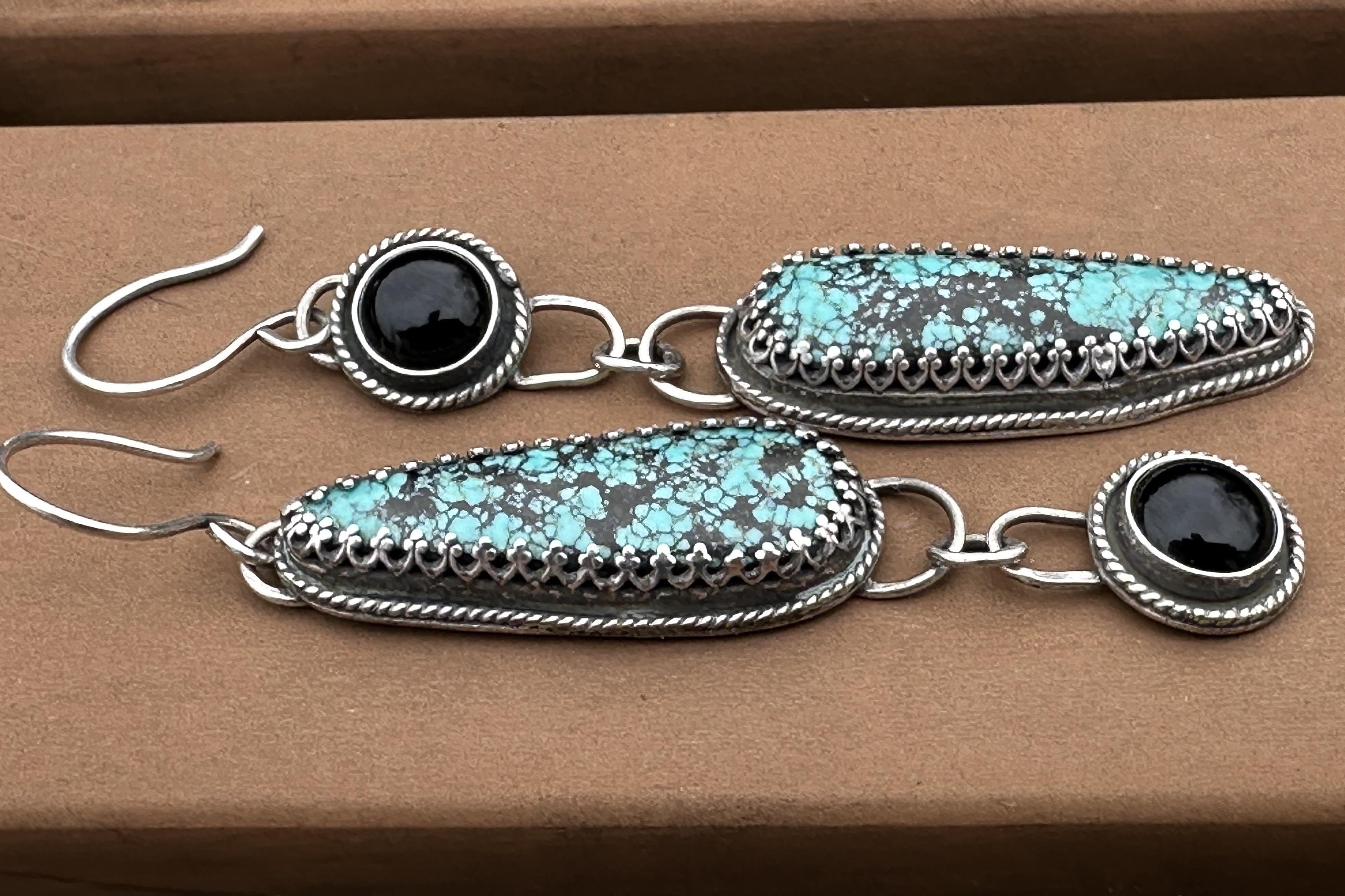 Blackjack Turquoise & Black Onyx Antiqued Sterling Silver Dangle Earrings | One of a Kind Handmade Earrings | Turquoise Jewelry | Statement Earrings | for Protection, Strength & Clarity