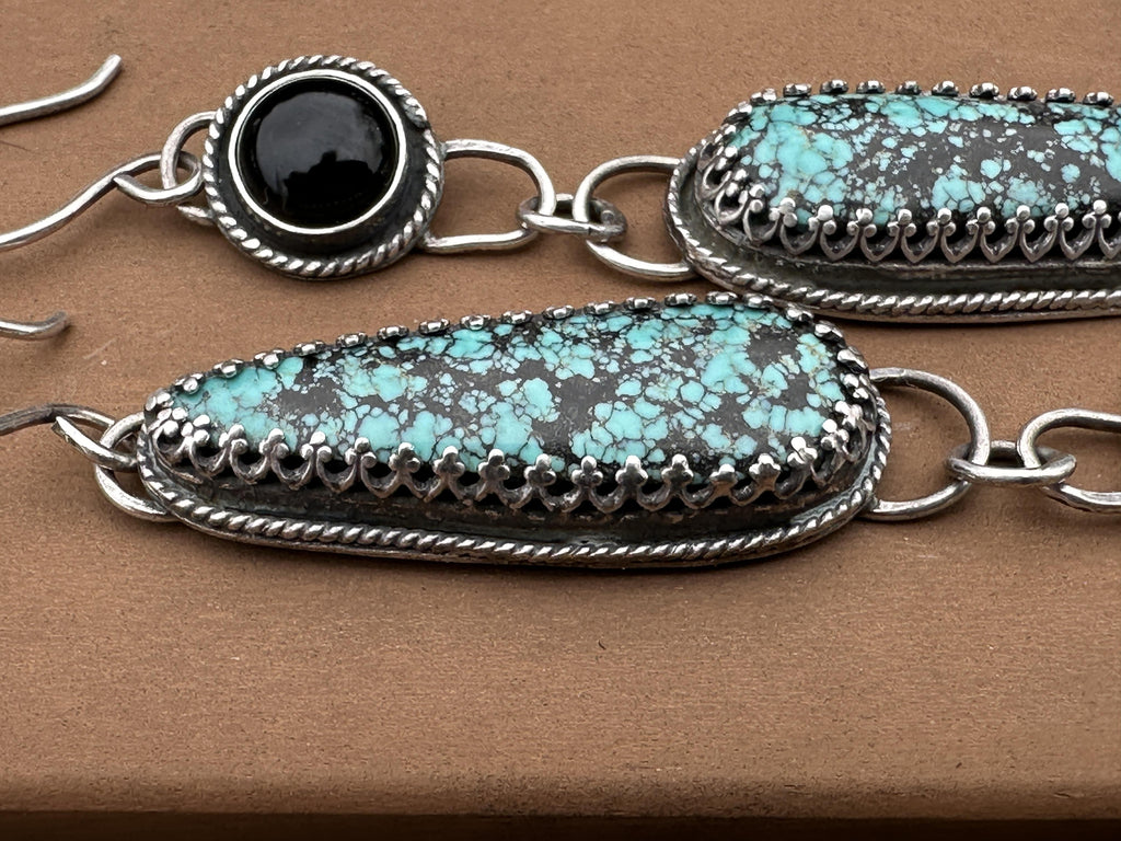 Blackjack Turquoise & Black Onyx Antiqued Sterling Silver Dangle Earrings | One of a Kind Handmade Earrings | Turquoise Jewelry | Statement Earrings | for Protection, Strength & Clarity