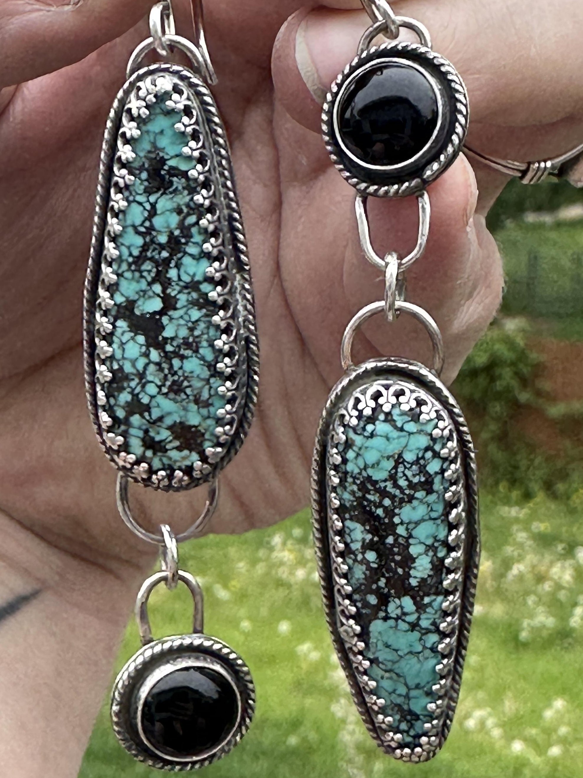 Blackjack Turquoise & Black Onyx Antiqued Sterling Silver Dangle Earrings | One of a Kind Handmade Earrings | Turquoise Jewelry | Statement Earrings | for Protection, Strength & Clarity