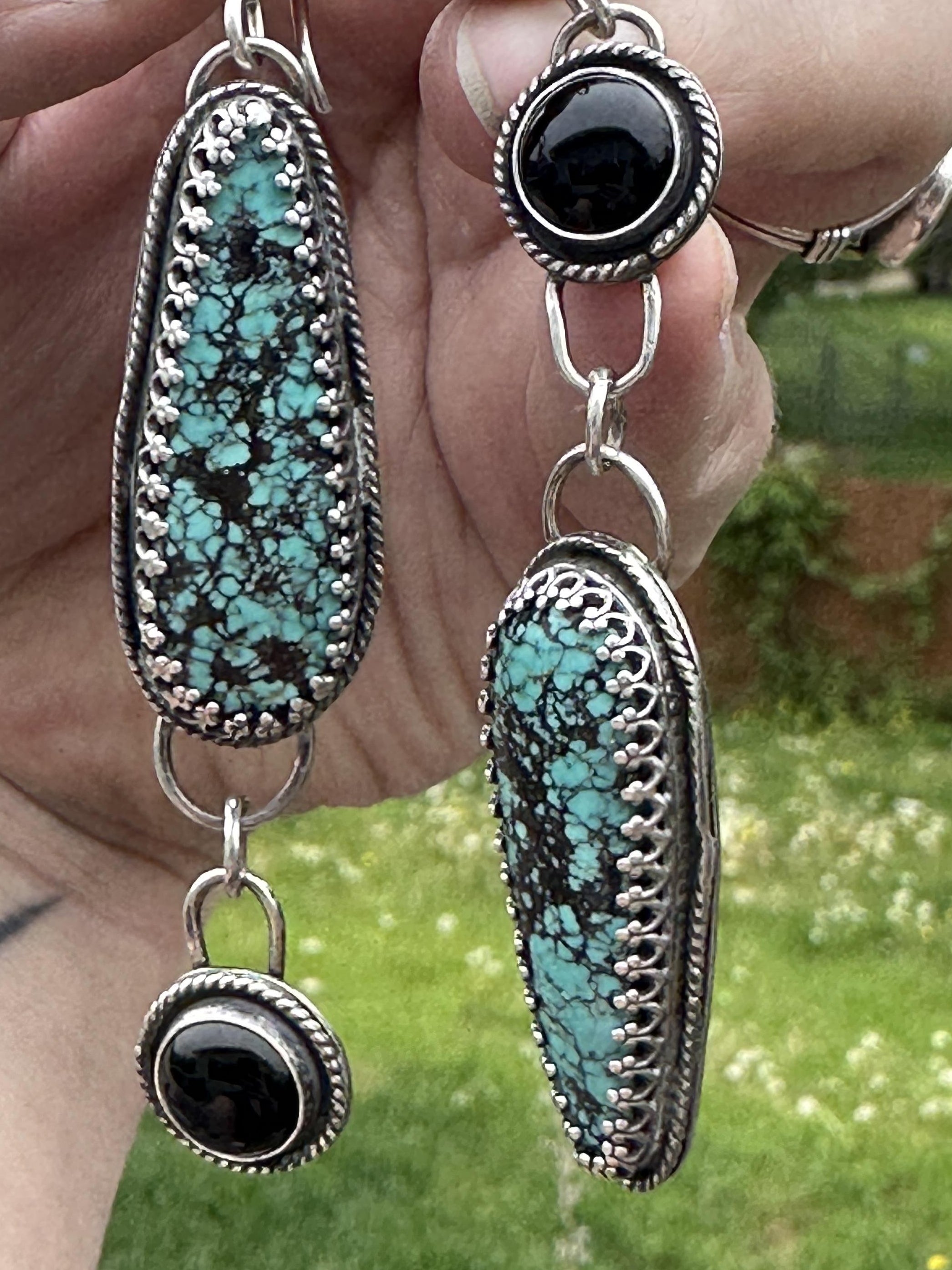 Blackjack Turquoise & Black Onyx Antiqued Sterling Silver Dangle Earrings | One of a Kind Handmade Earrings | Turquoise Jewelry | Statement Earrings | for Protection, Strength & Clarity