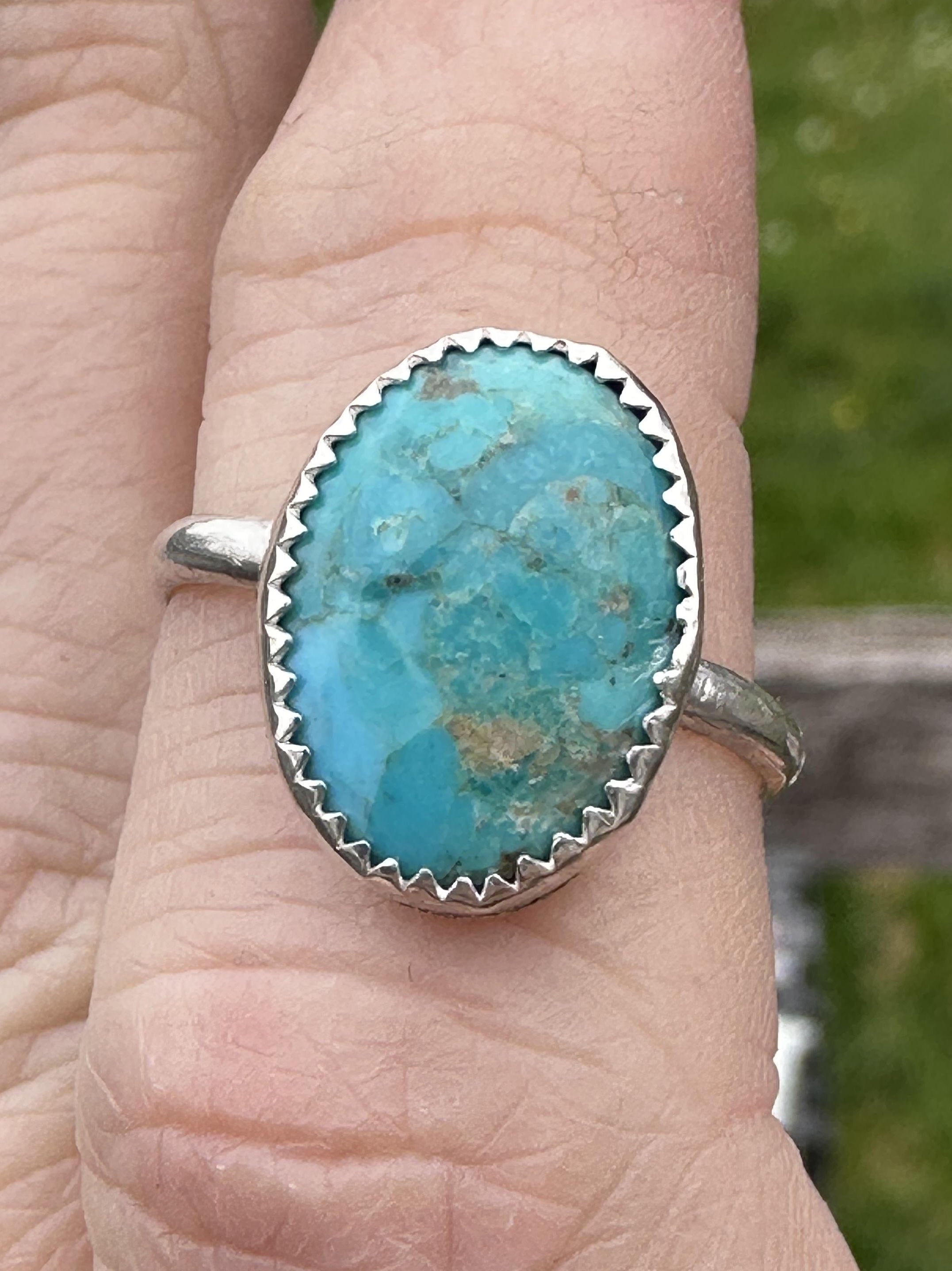 Mohave Turquoise oval solitaire statement ring with serrated bezel size 8 - Turquoise Jewelry - for Calm, Protection & Truth