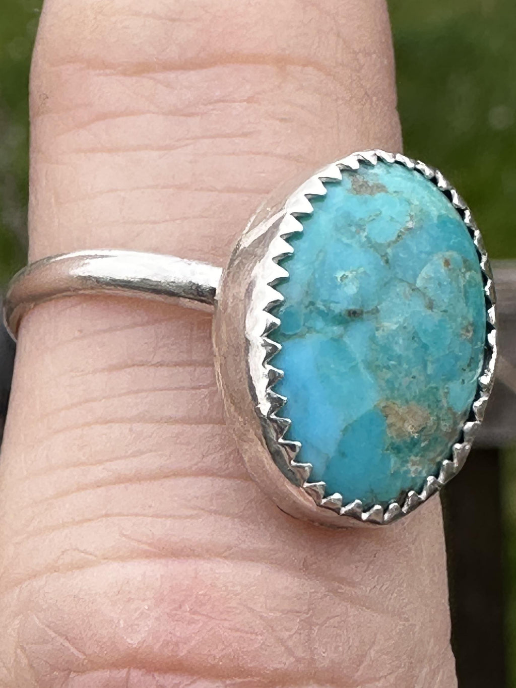 Mohave Turquoise oval solitaire statement ring with serrated bezel size 8 - Turquoise Jewelry - for Calm, Protection & Truth