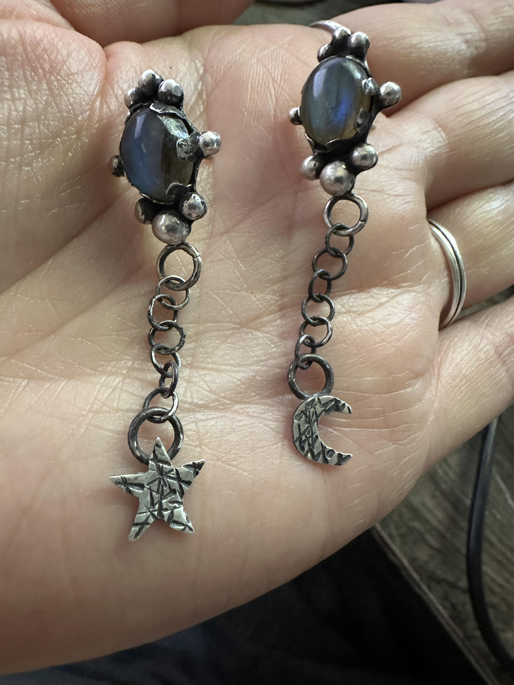Sterling Silver Labradorite Post Dangle Earrings with Star and Moon | Handcrafted | Mystical Crystal Jewelry for intuition and protection.