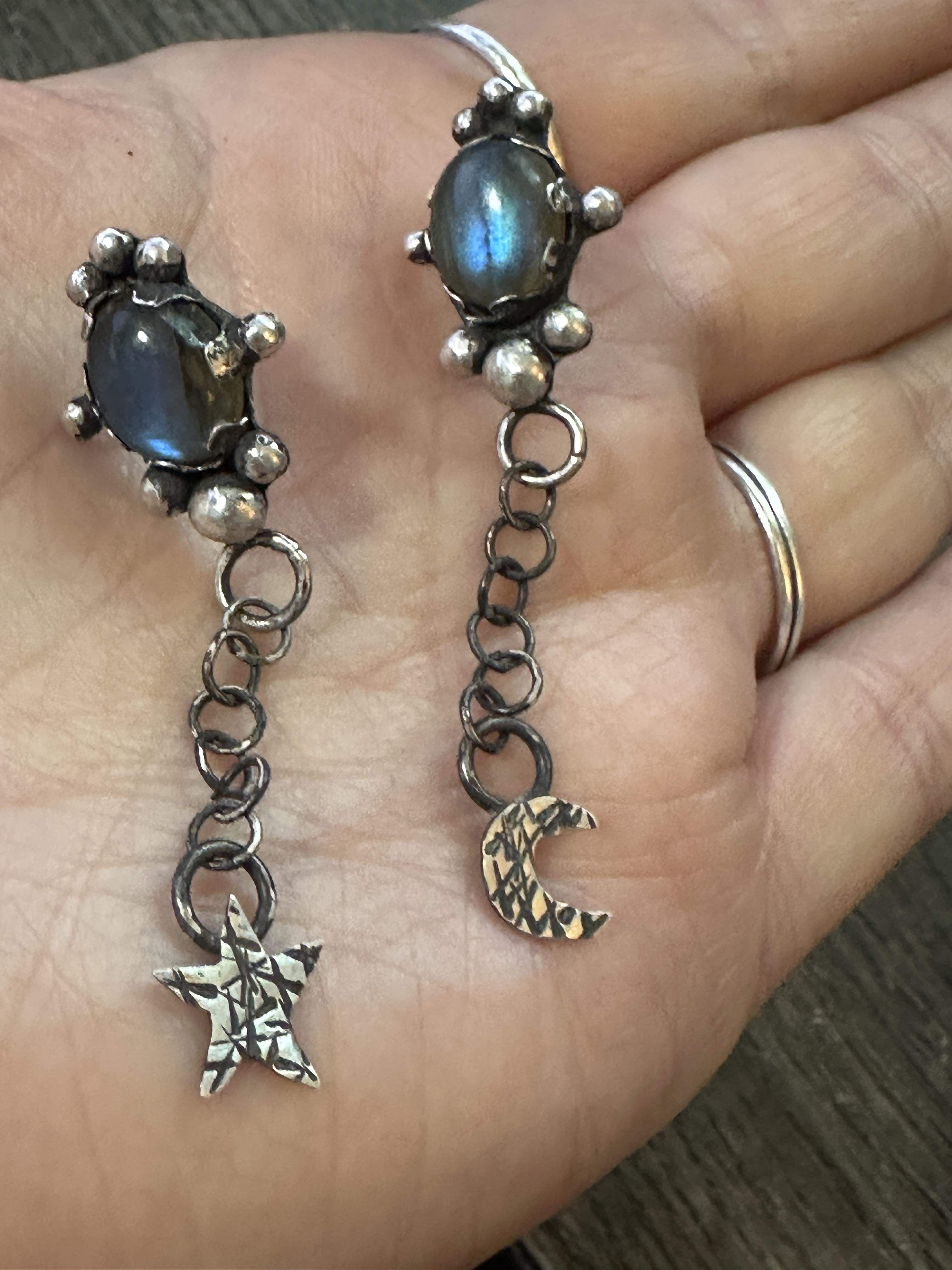 Sterling Silver Labradorite Post Dangle Earrings with Star and Moon | Handcrafted | Mystical Crystal Jewelry for intuition and protection.