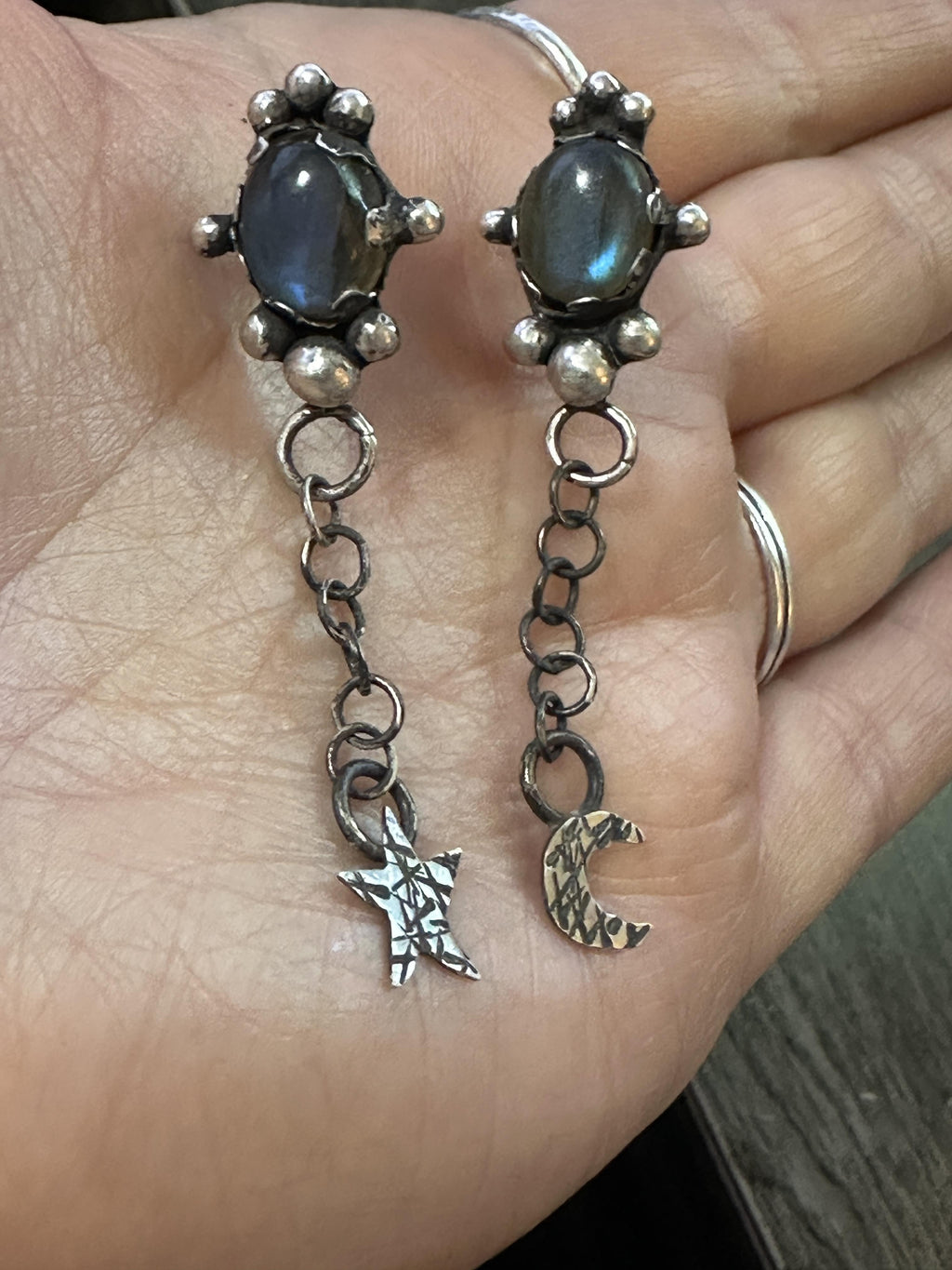 Sterling Silver Labradorite Post Dangle Earrings with Star and Moon | Handcrafted | Mystical Crystal Jewelry for intuition and protection.