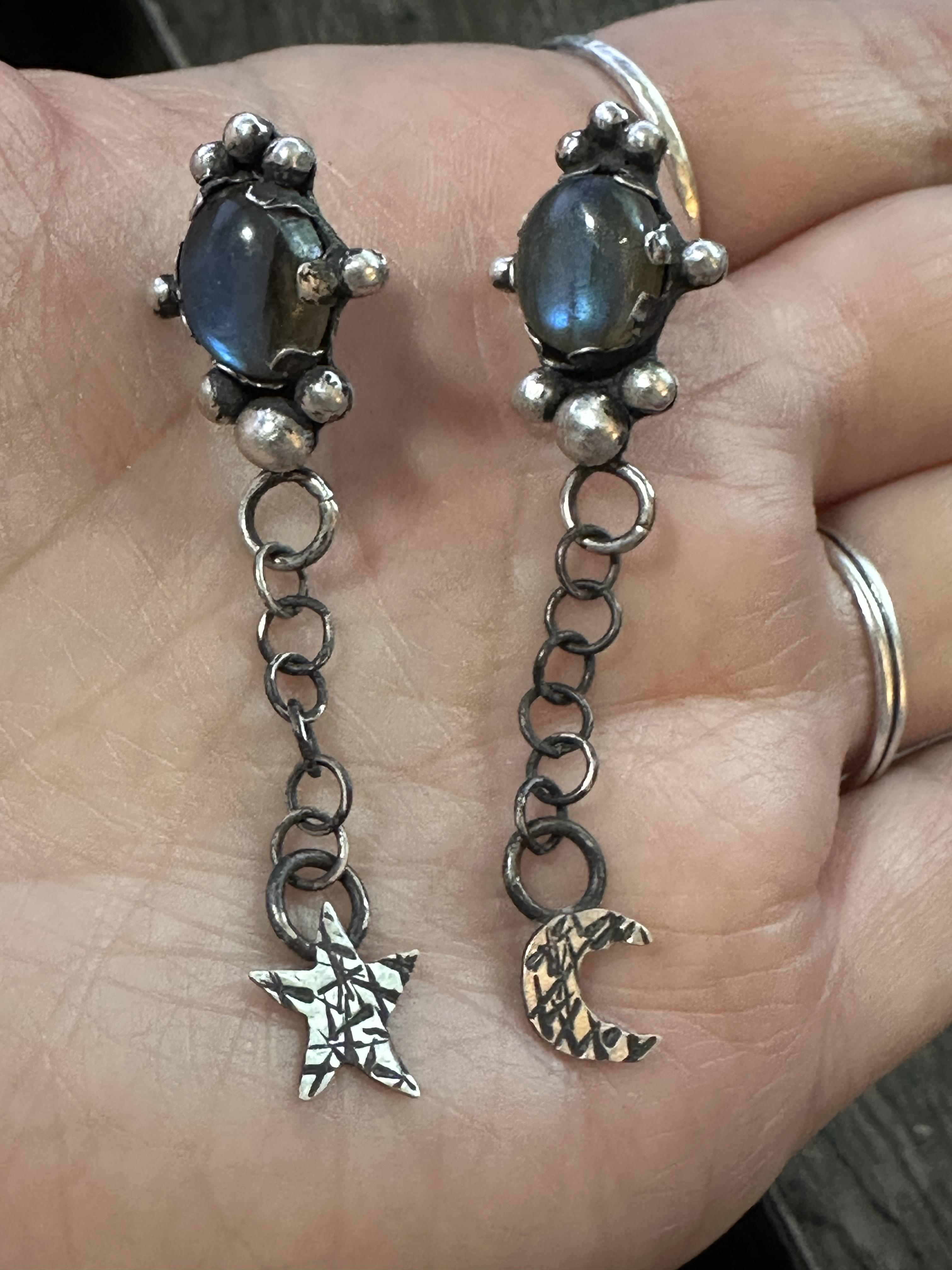 Sterling Silver Labradorite Post Dangle Earrings with Star and Moon | Handcrafted | Mystical Crystal Jewelry for intuition and protection.