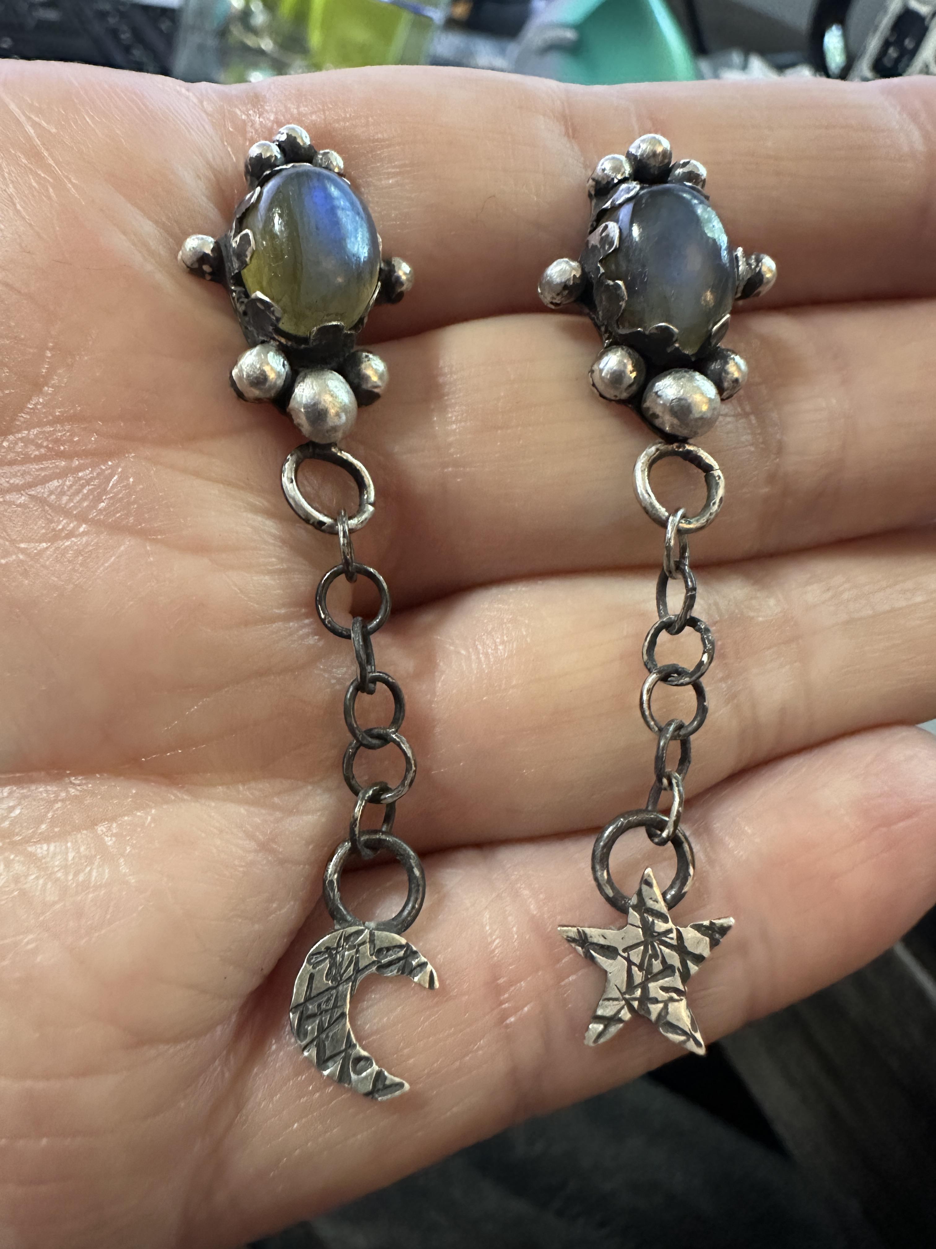 Sterling Silver Labradorite Post Dangle Earrings with Star and Moon | Handcrafted | Mystical Crystal Jewelry for intuition and protection.