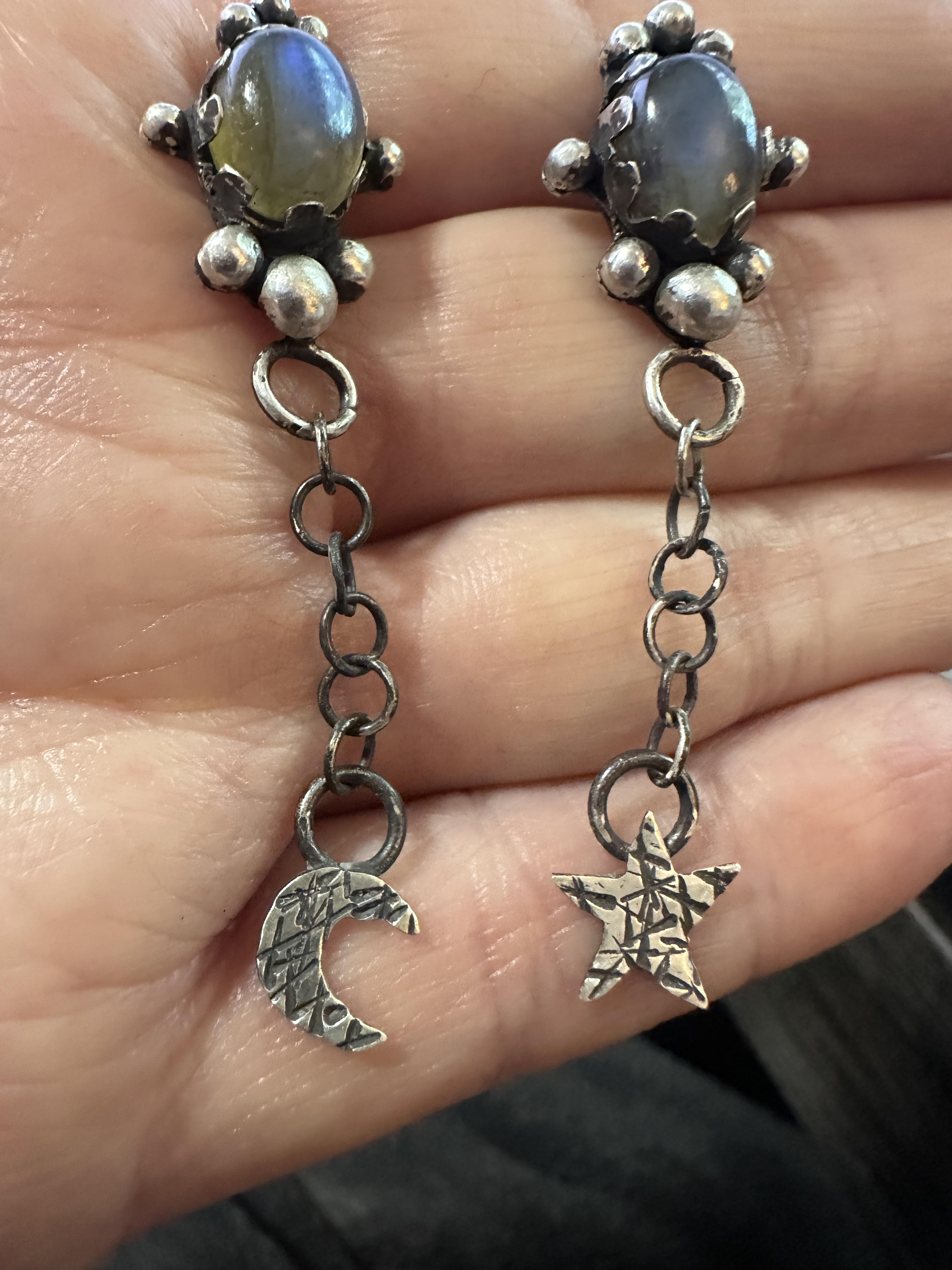 Sterling Silver Labradorite Post Dangle Earrings with Star and Moon | Handcrafted | Mystical Crystal Jewelry for intuition and protection.
