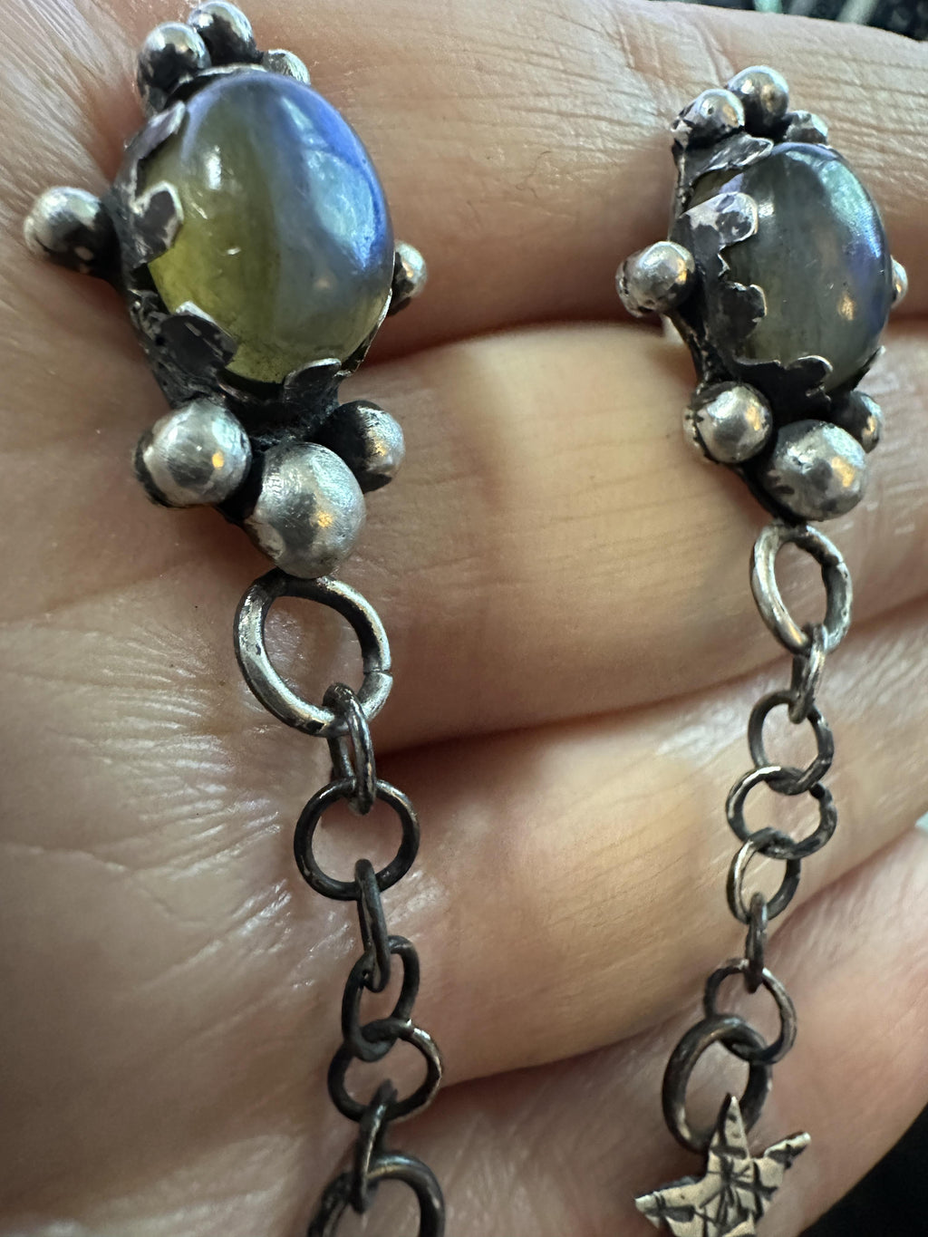 Sterling Silver Labradorite Post Dangle Earrings with Star and Moon | Handcrafted | Mystical Crystal Jewelry for intuition and protection.