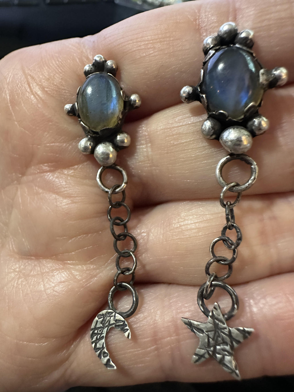 Sterling Silver Labradorite Post Dangle Earrings with Star and Moon | Handcrafted | Mystical Crystal Jewelry for intuition and protection.