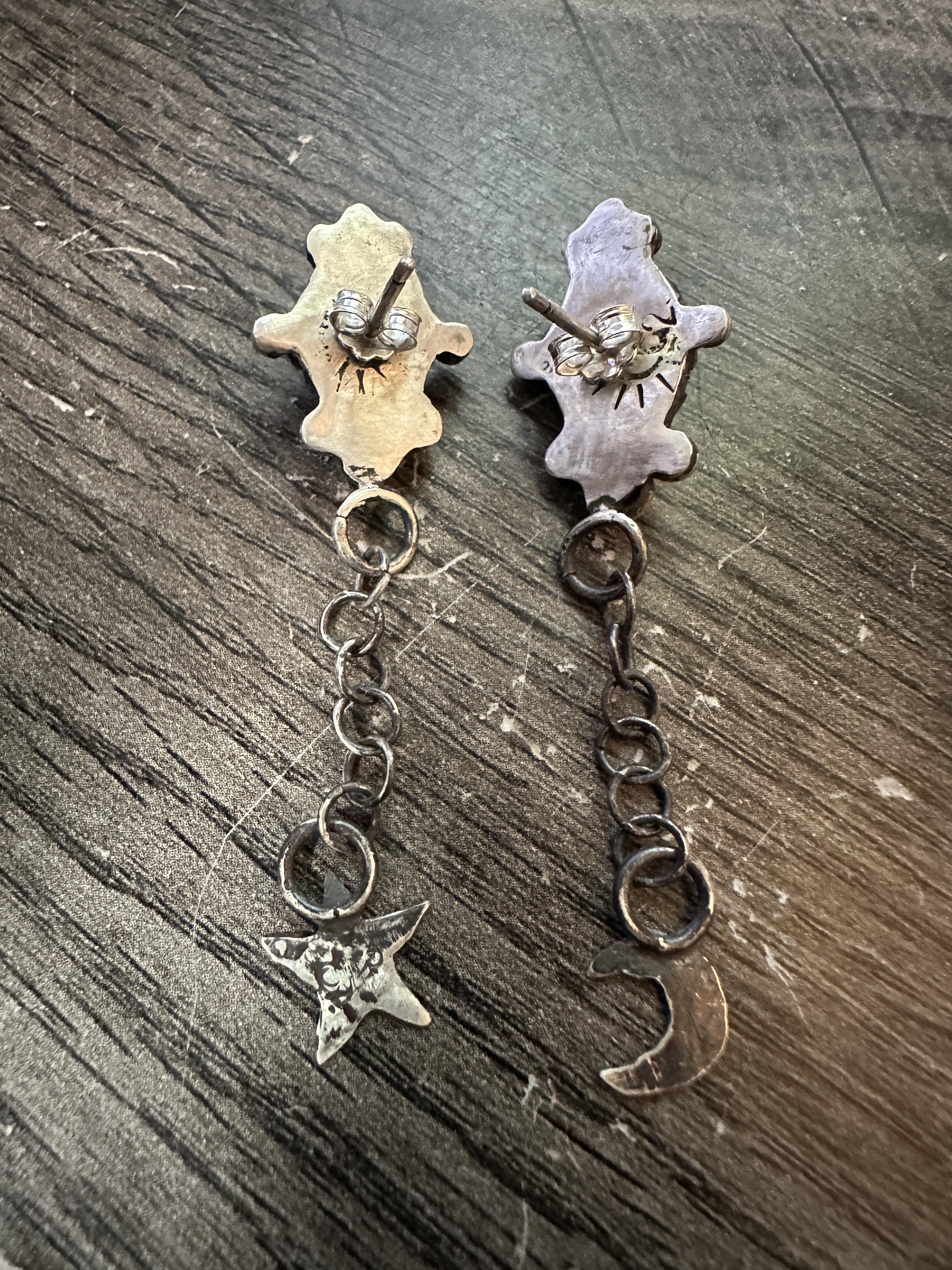 Sterling Silver Labradorite Post Dangle Earrings with Star and Moon | Handcrafted | Mystical Crystal Jewelry for intuition and protection.