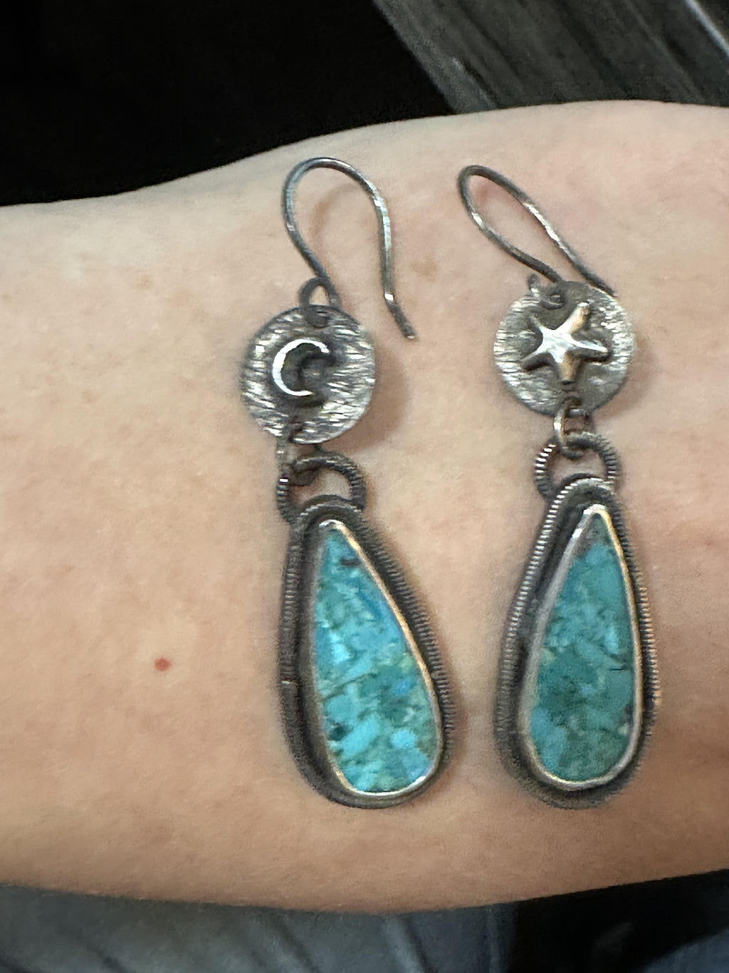 Kingman Mohave Turquoise Star and Moon Sterling Silver Earrings | Oxidized Celestial Moon Star Dangles | Handcrafted Boho Statement Jewelry for protection, grounding and intuition