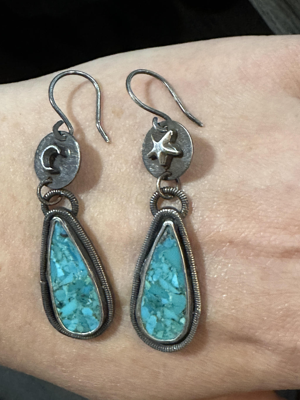 Kingman Mohave Turquoise Star and Moon Sterling Silver Earrings | Oxidized Celestial Moon Star Dangles | Handcrafted Boho Statement Jewelry for protection, grounding and intuition