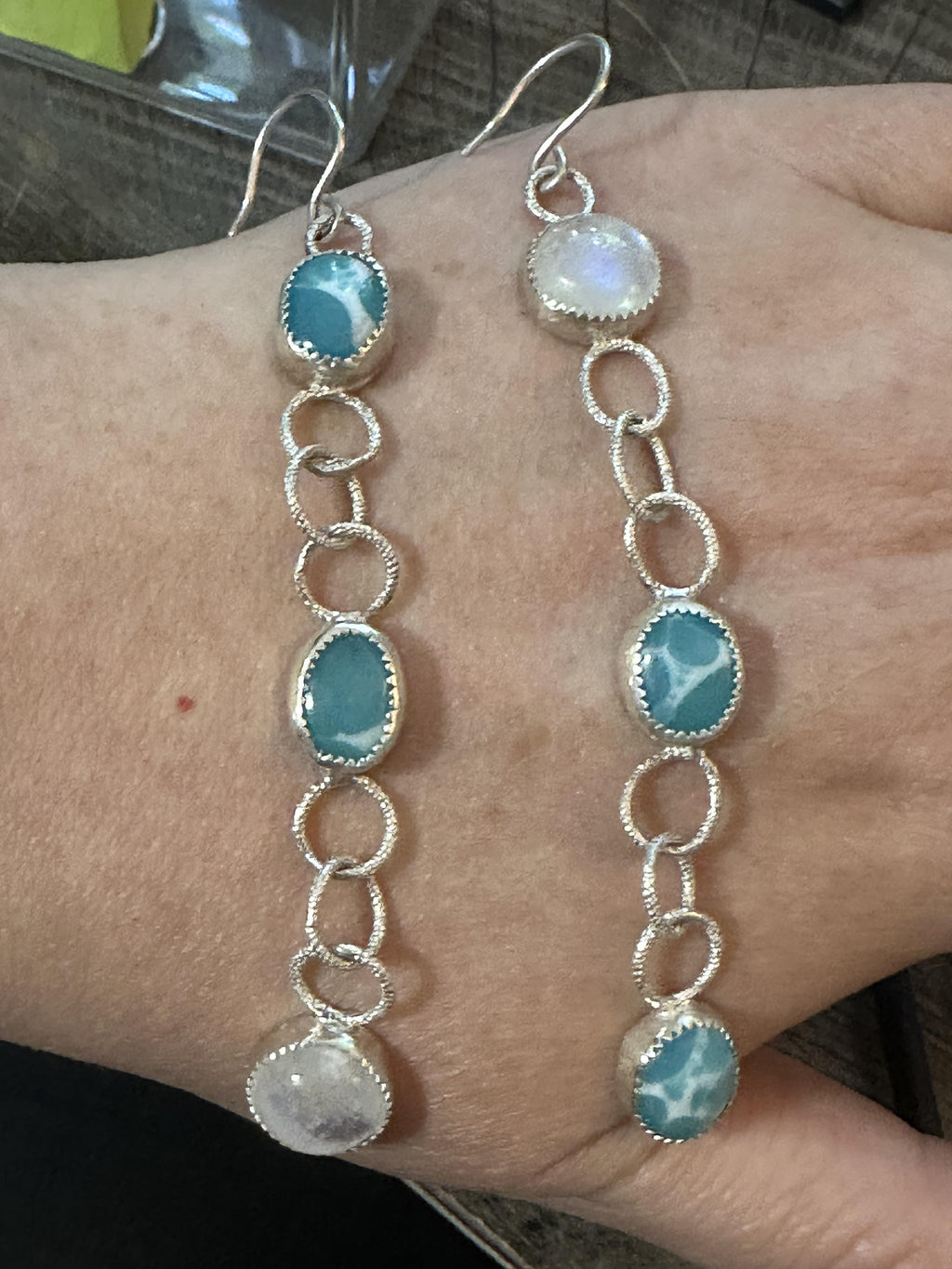 Dangle Sterling Silver Larimar and Rainbow Moonstone Earrings | Handcrafted | Ocean Stone | Healing Crystal Jewelry for grounding wisdom and emotional clarity.